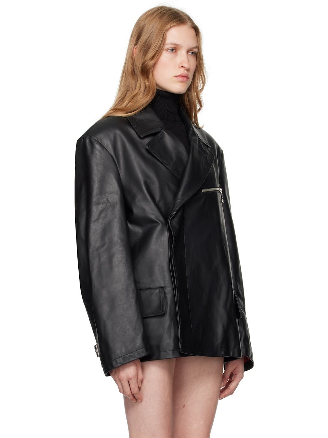 Black Double-Breasted Leather Jacket - 2