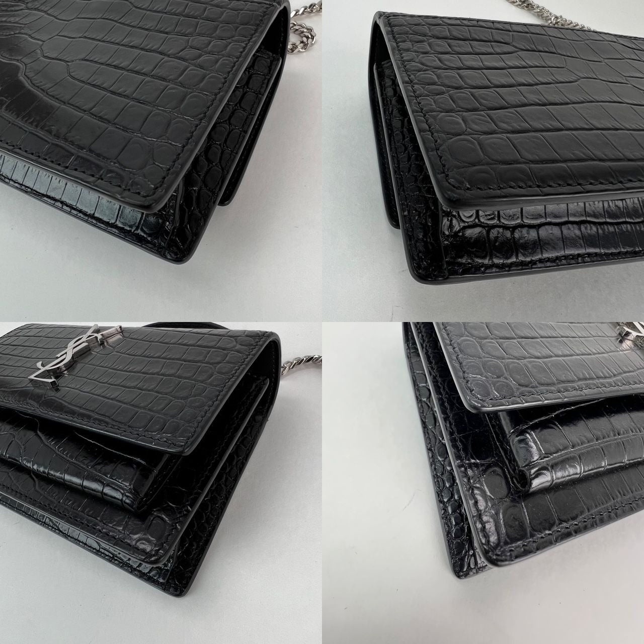Saint Laurent Black Leather Sunset Wallet on a Chain Crocodile Embossed Bag - 21