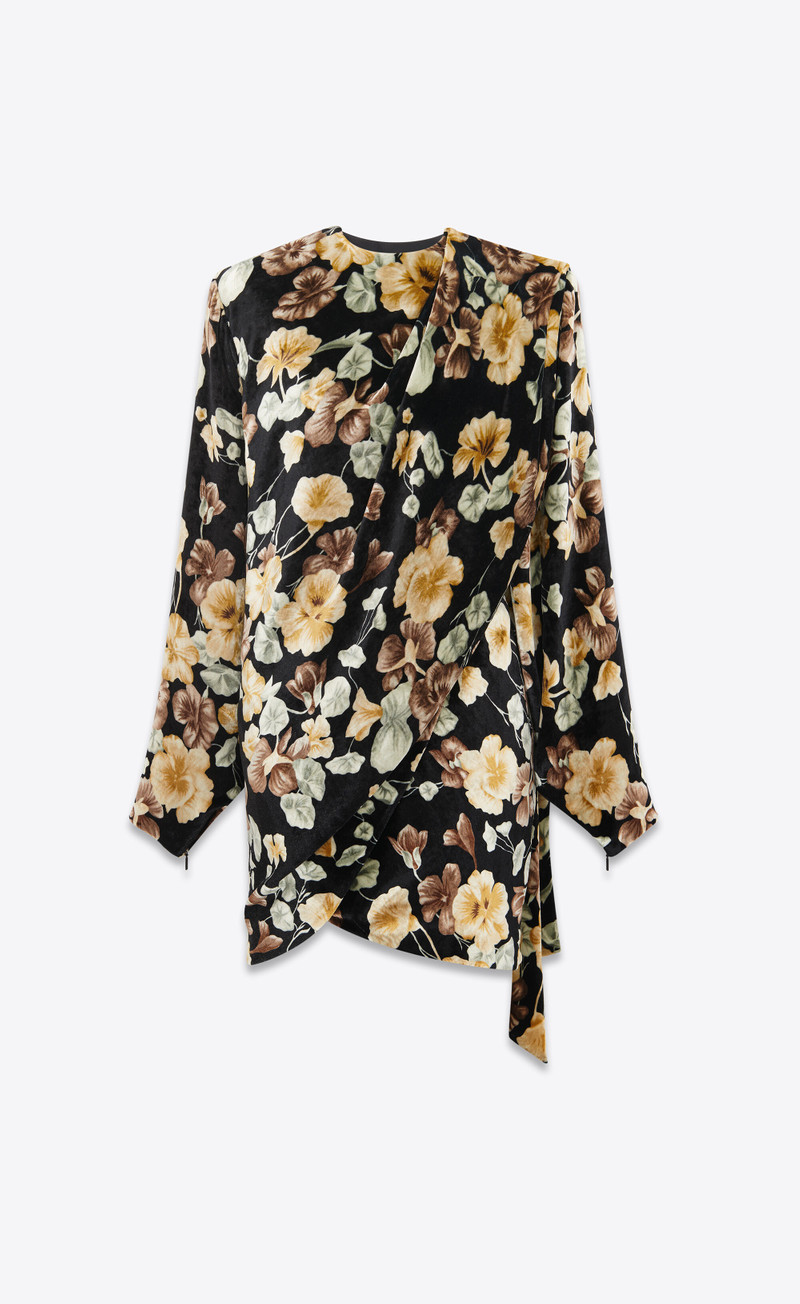 draped dress in floral velvet 1
