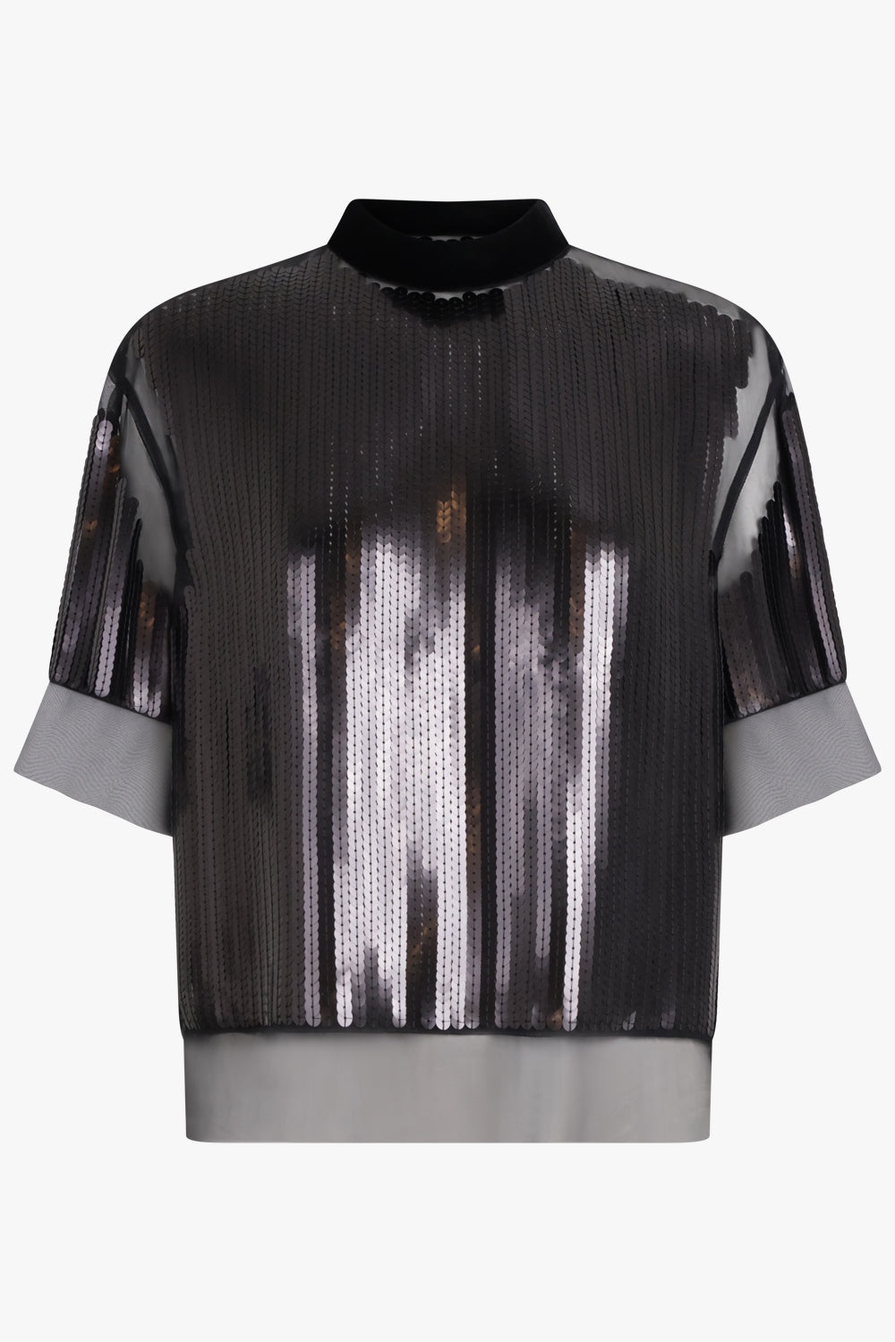 HIGH NECK S/S SEQUIN OVERLAY TOP | BLACK - 1