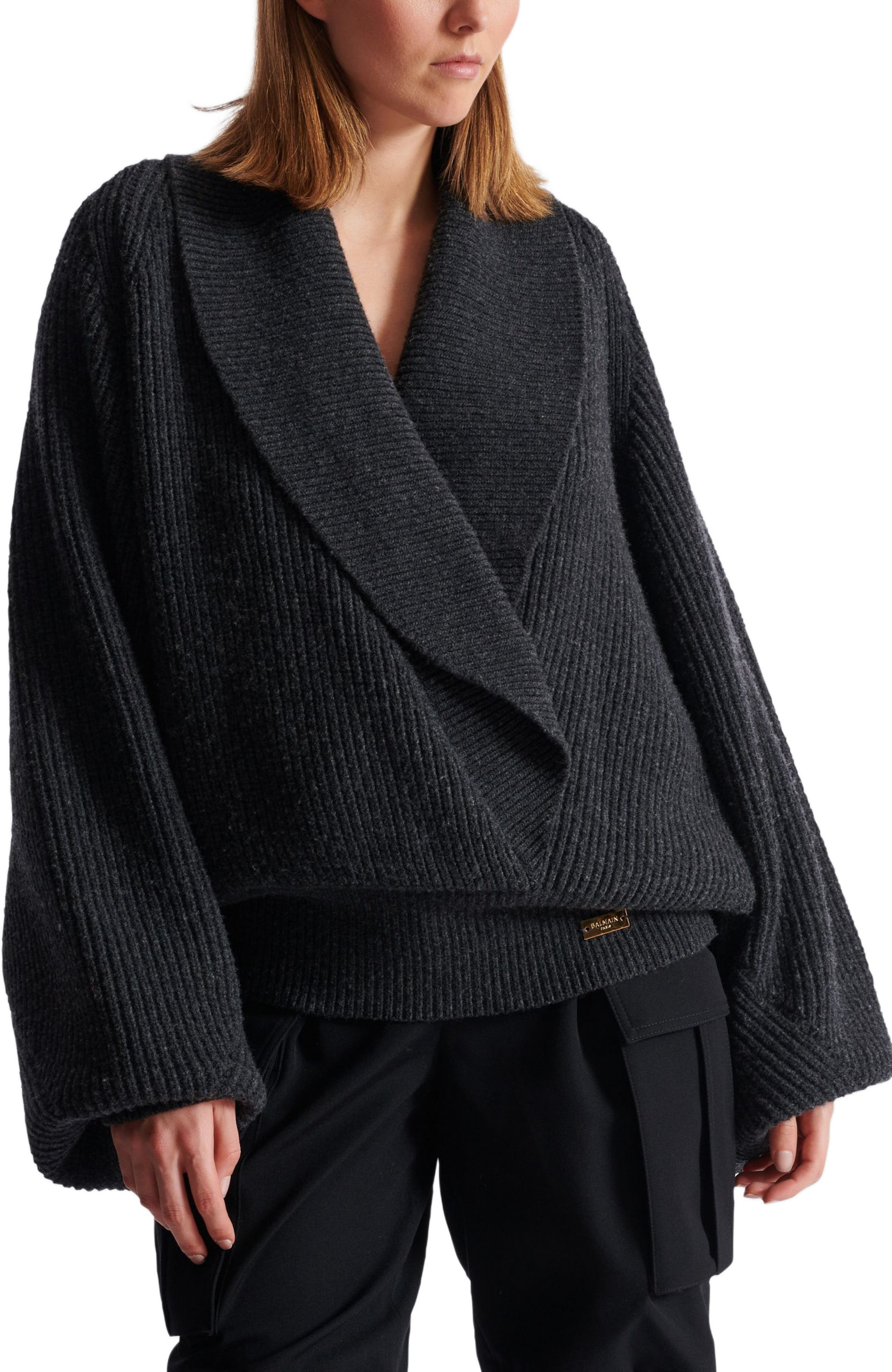 Balmain Oversized Wrap Knit Jumper in Grey at Nordstrom - 5