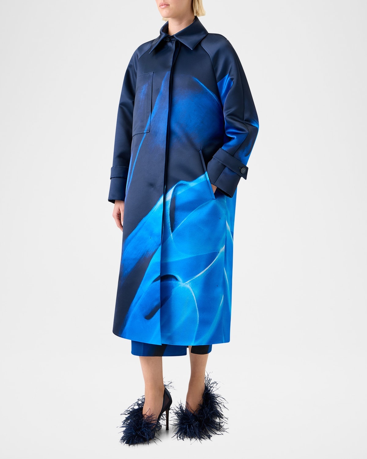 Elliot Silk Duchess Alysons Cyanotype-Print Oversized Coat - 4