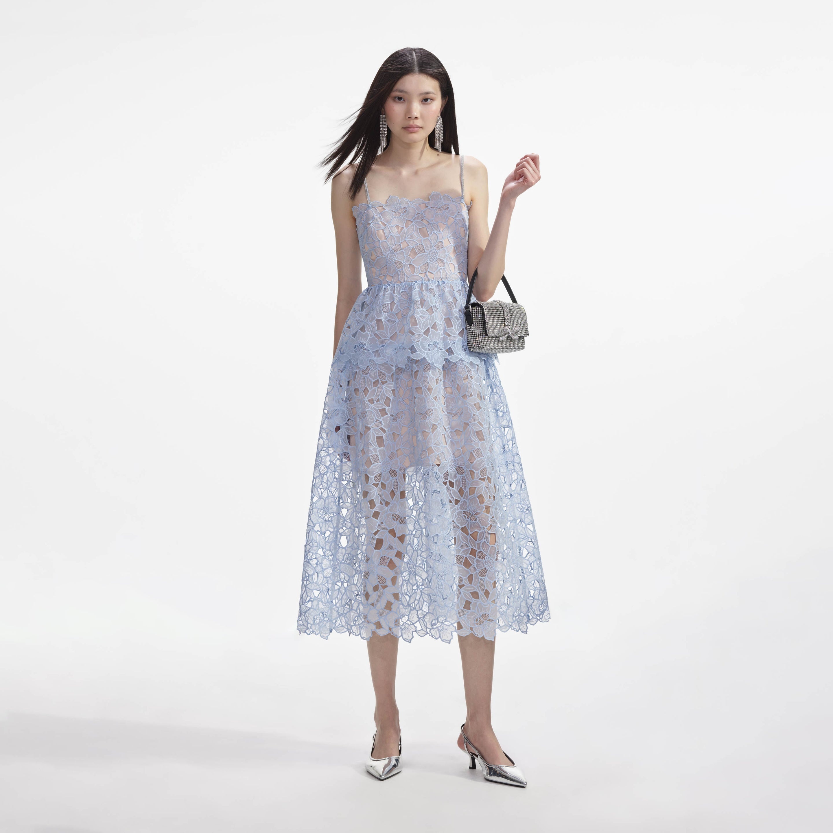 Blue Organza Lace Midi Dress - 1