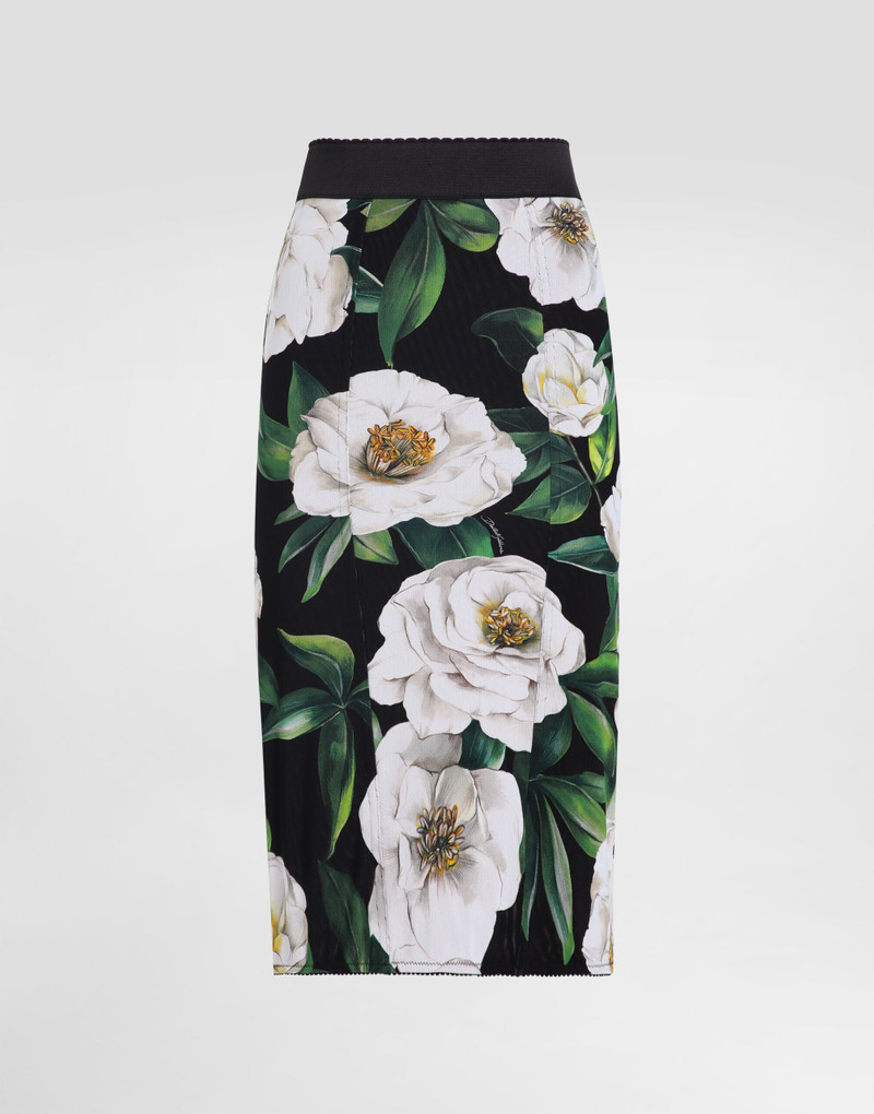 Calf-length stretch pencil skirt with gardenia print 1