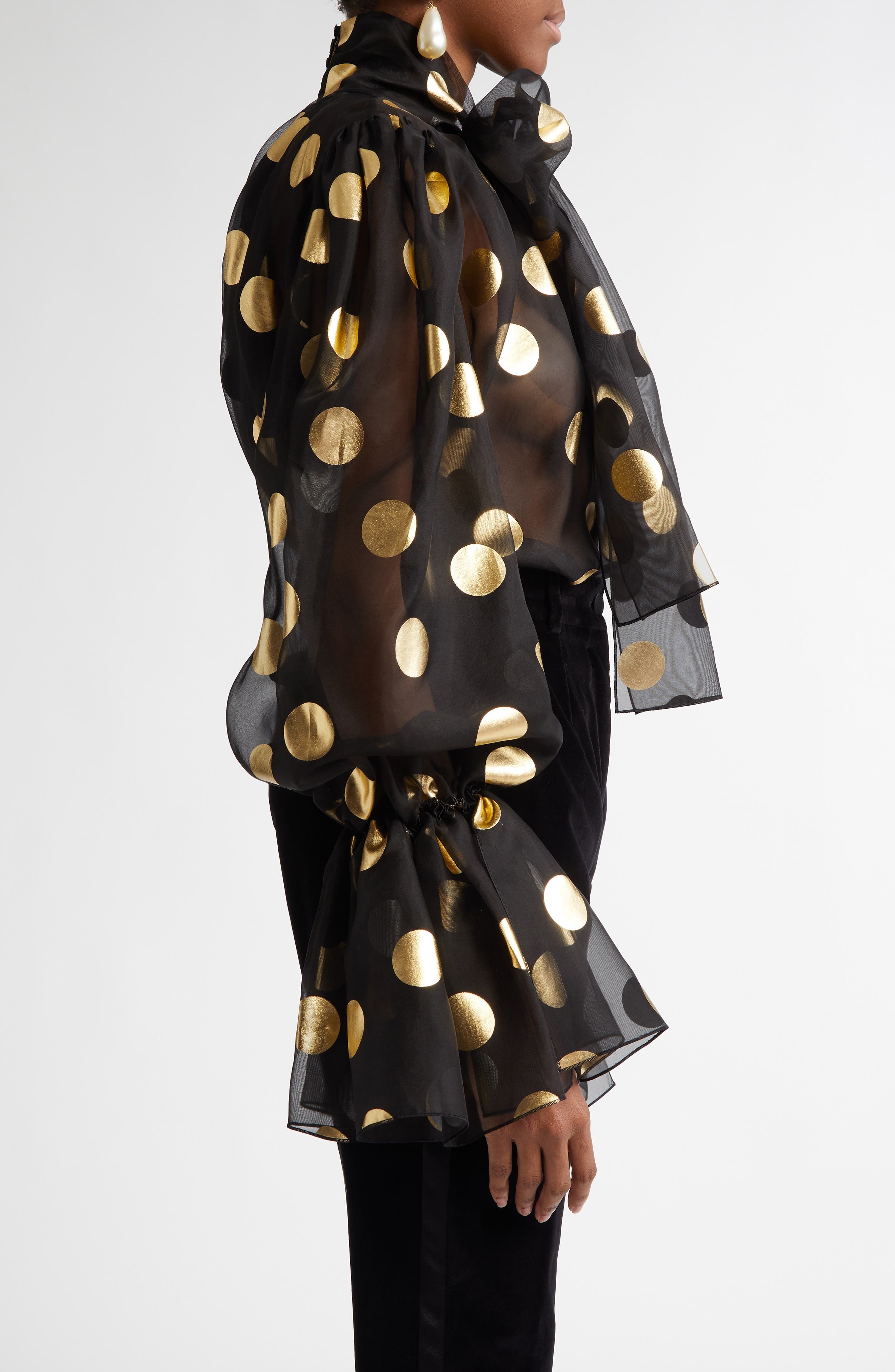 Dolce&Gabbana Polka Dot Bow Bell Sleeve Sheer Silk Top in Hnlm0 Oro Nero at Nordstrom - 4