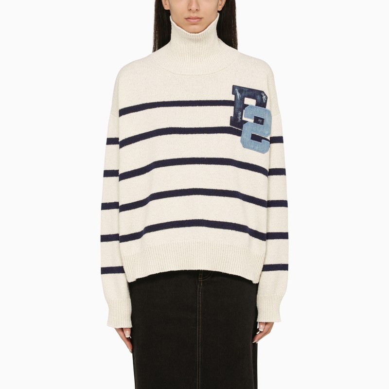 Blue/white striped turtleneck sweater with logo - 1