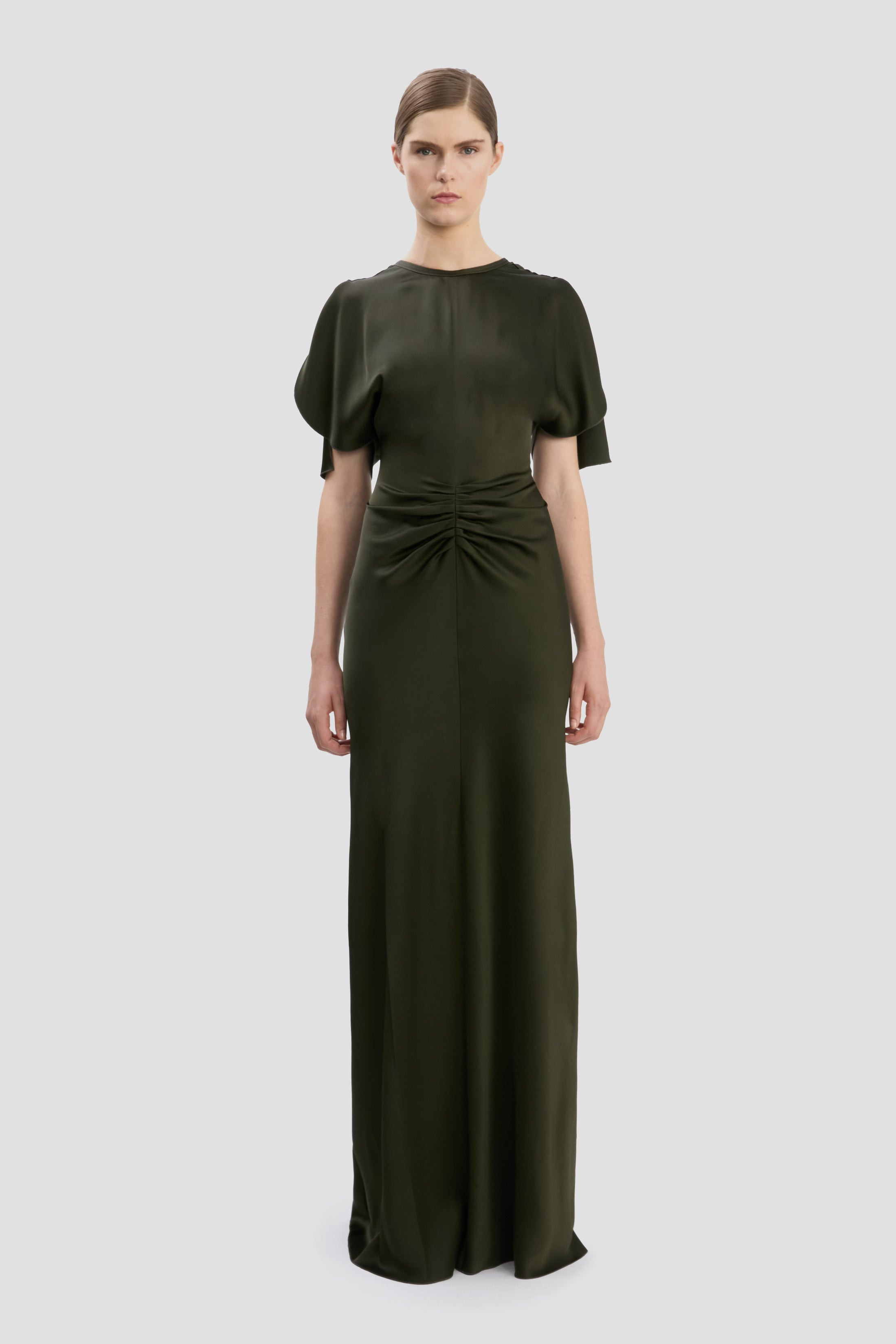 Gathered Waist Floor-Length Dress In Dark Olive - 2