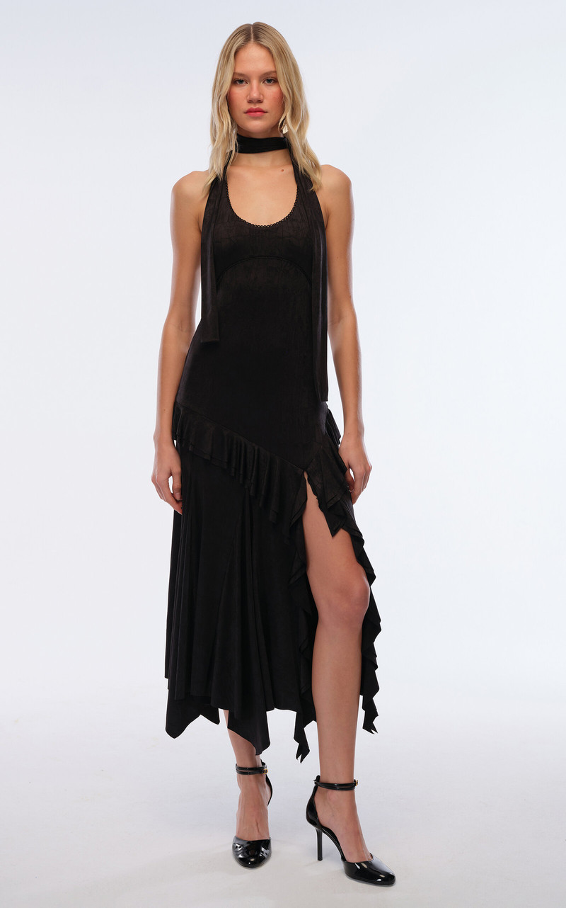 SIEDRÉS Lunn Ruffled Jersey Halter Midi Dress black outlook