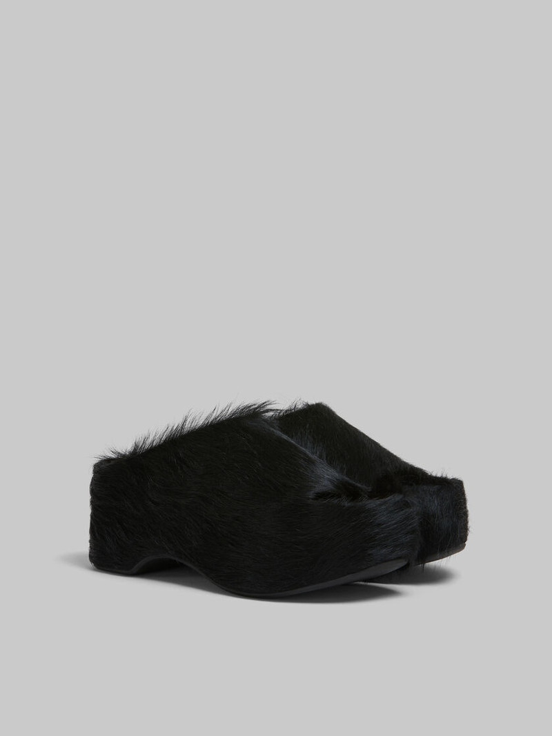 BLACK LONG-HAIR CALFSKIN CHUNKY CLOG SLIDE 2