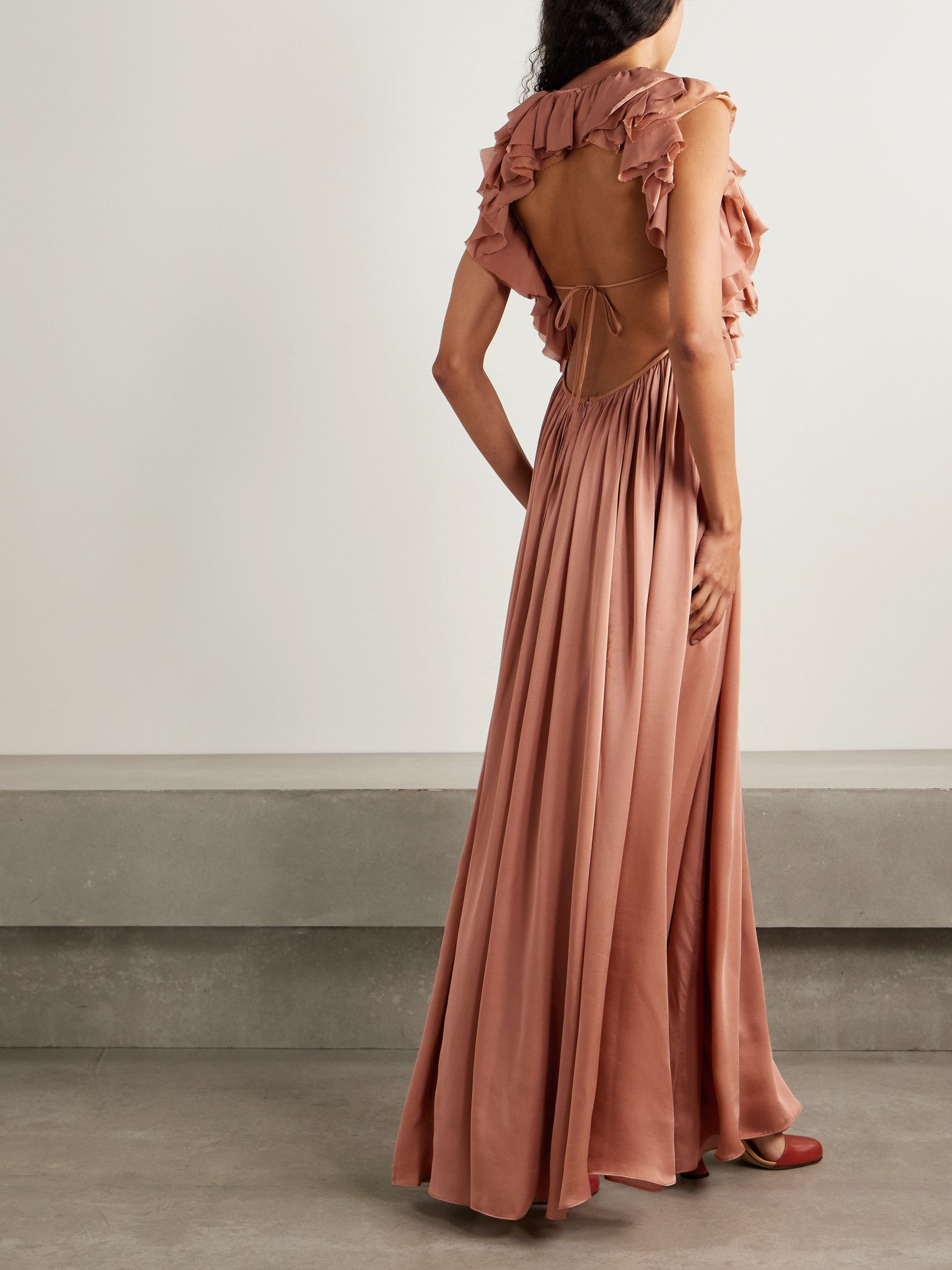Byzantine open-back ruffled silk-satin and chiffon maxi dress Antique rose - 3