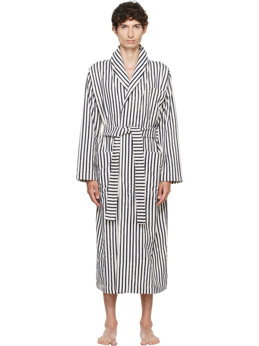 White & Navy Terry Classic Bathrobe - 1