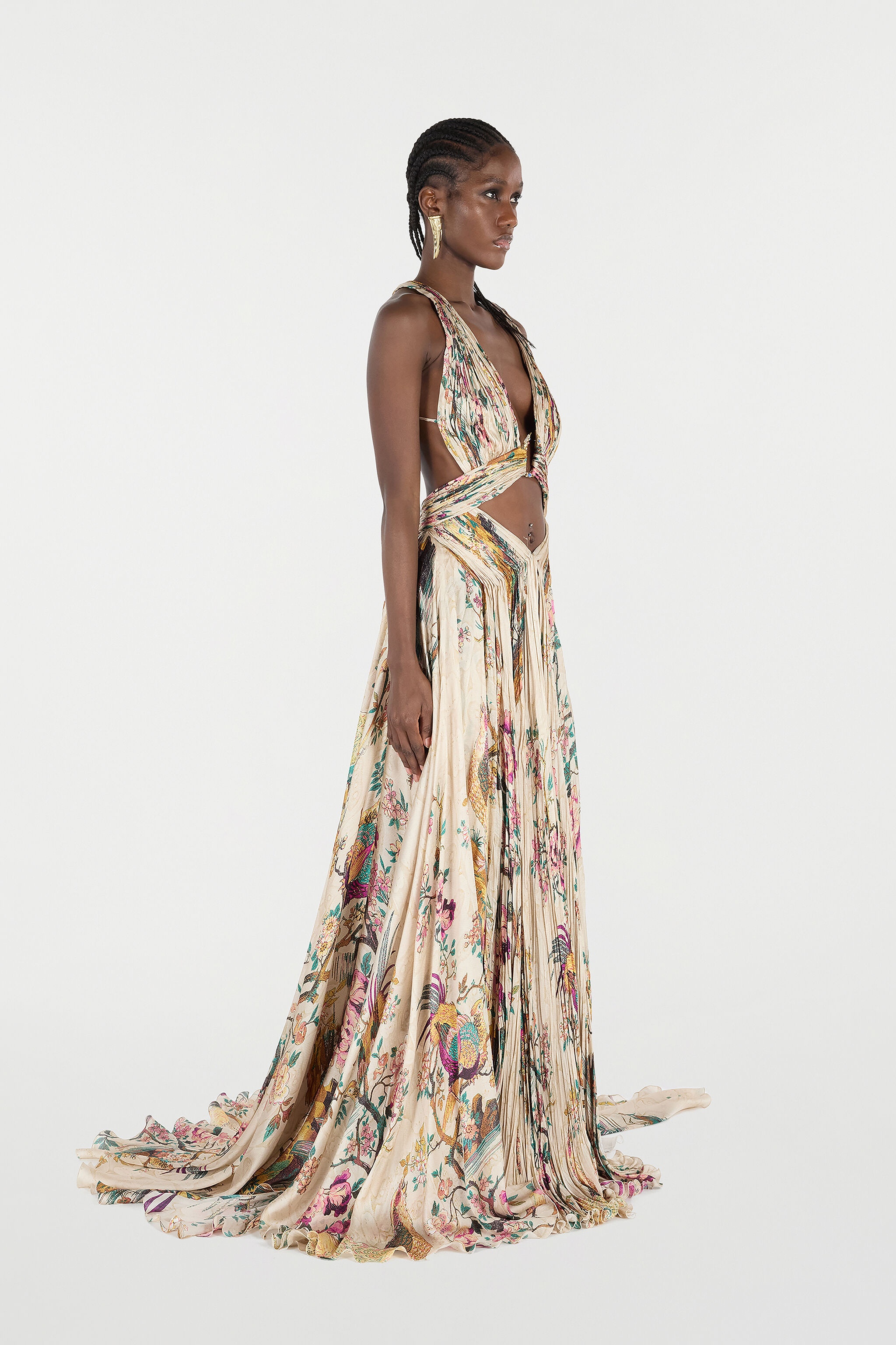 Extra-Long Silk Dress With Flower And Pheasant Print - 3