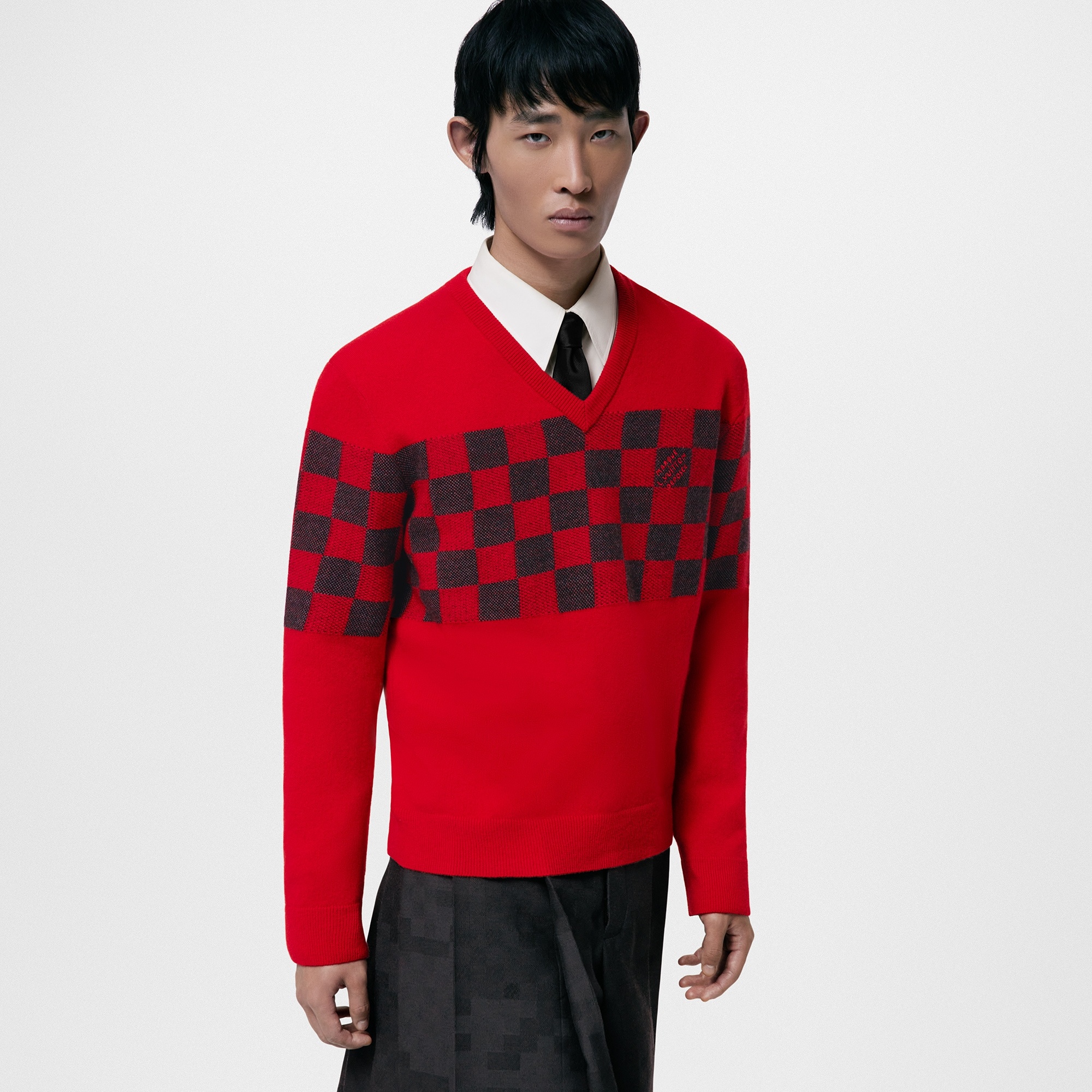 Damier V-Neck Wool Pullover - 2