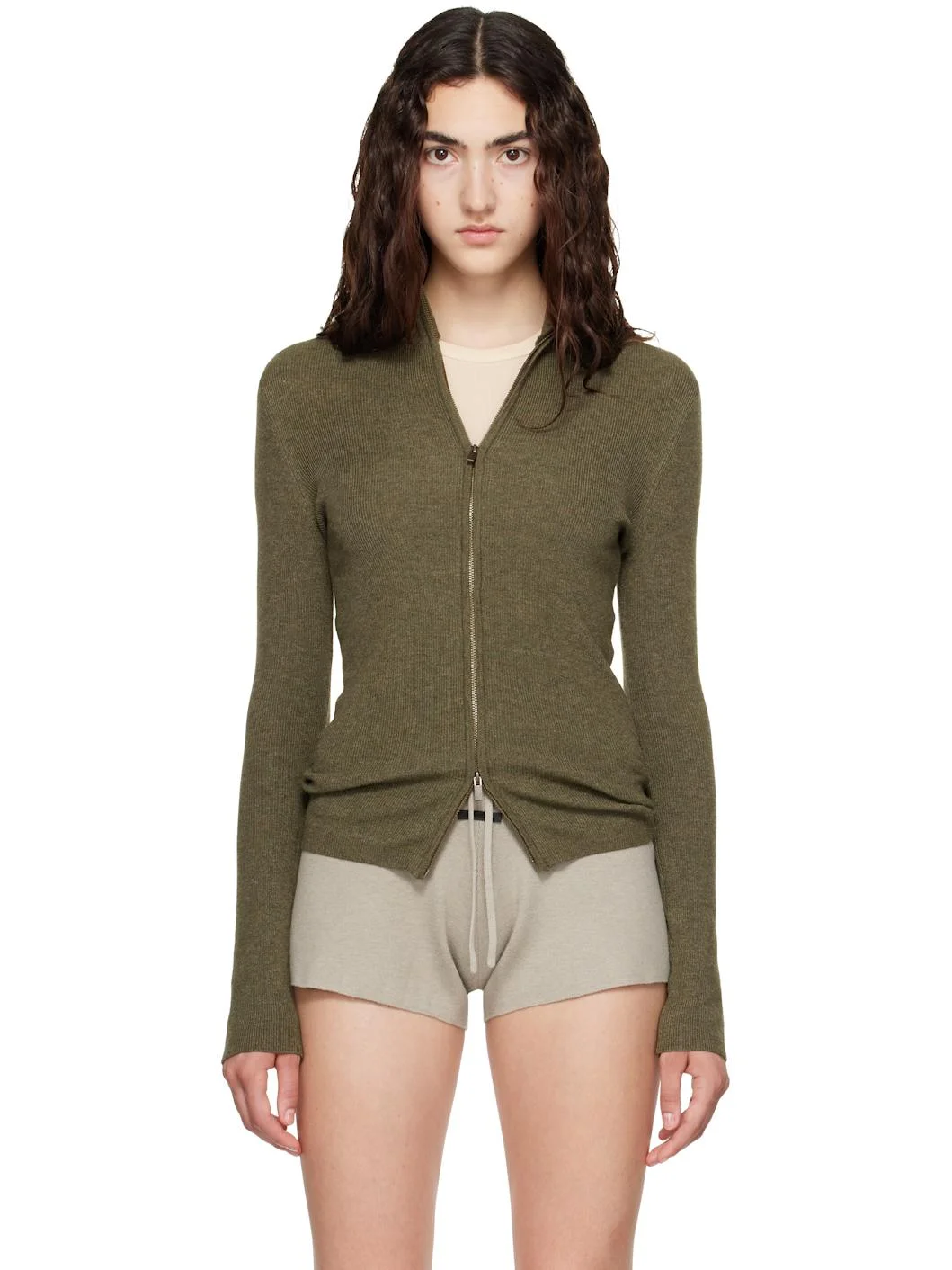 Khaki Rib Knit Zip Up Sweater - 1