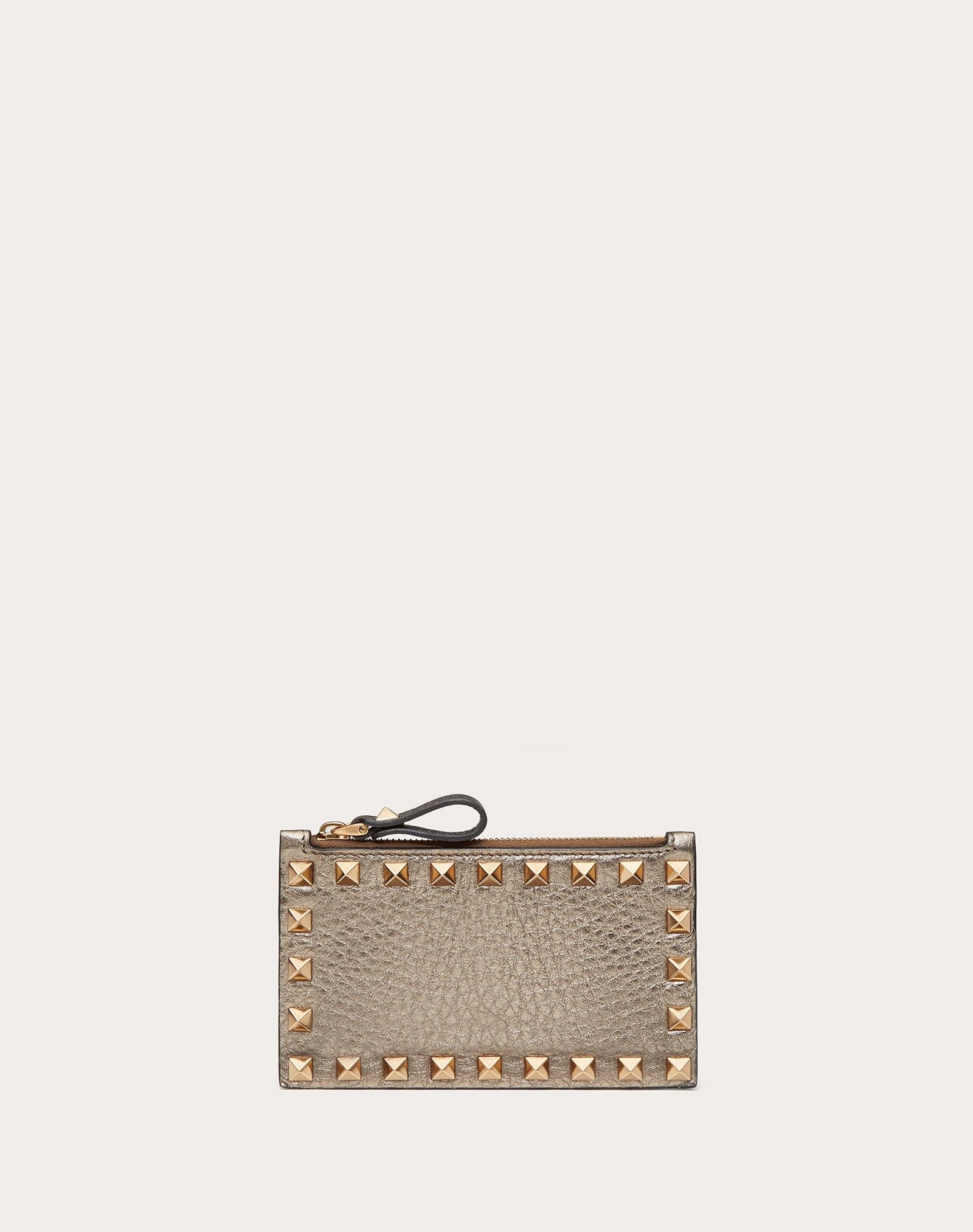 ROCKSTUD METALLIC GRAINY CALFSKIN CARDHOLDER WITH ZIPPER - 1