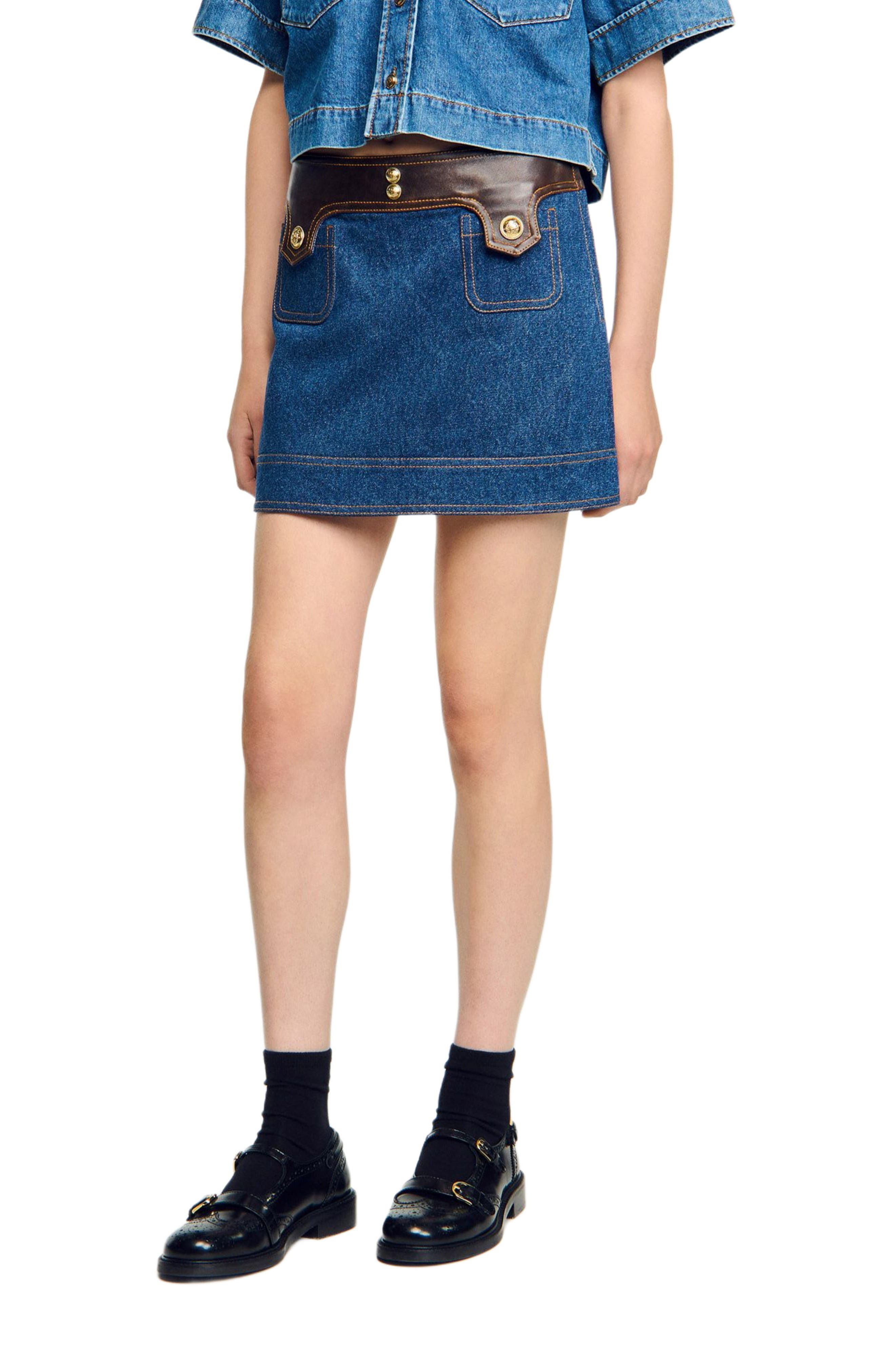 SANDRO Short denim and leather skirt in Dark Blue at Nordstrom - 3