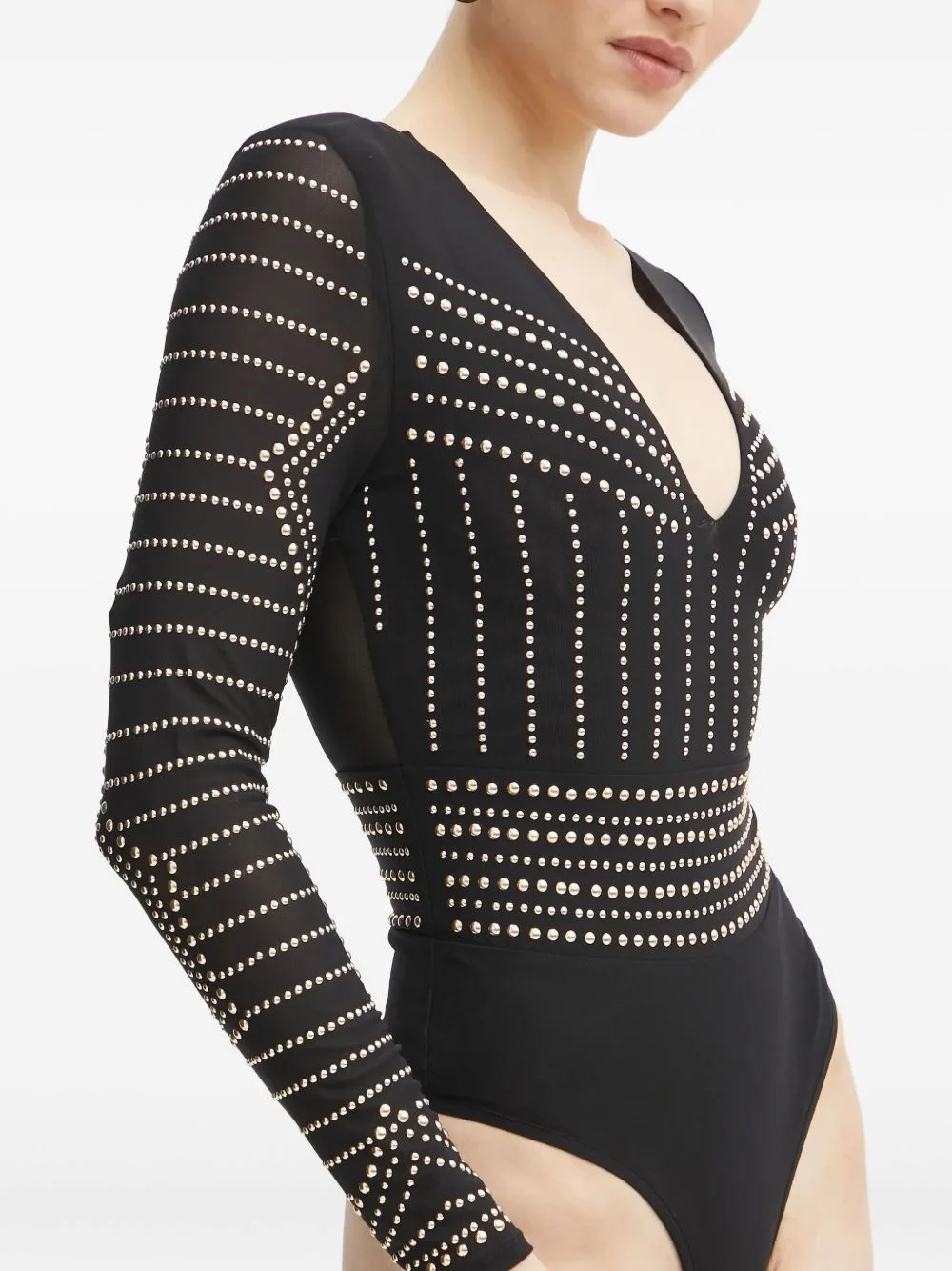 studded-embellishment V-neck bodysuit - 1