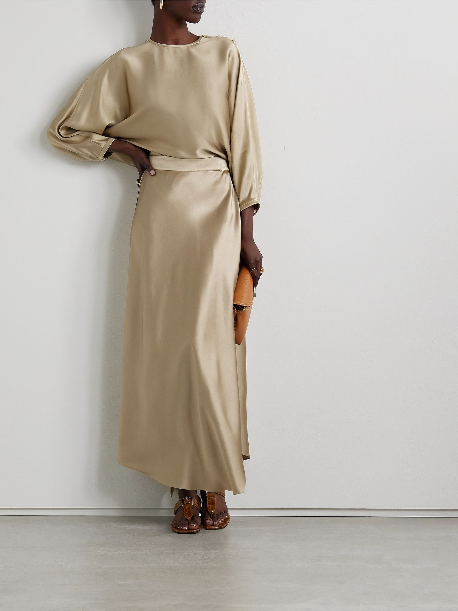 Button-detailed silk-satin top Gold - 2