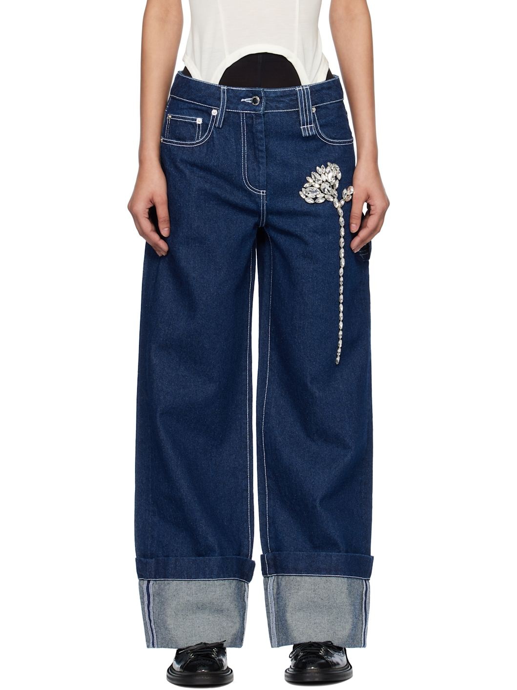 Blue Embellished Carnation Boyfriend Jeans - 1