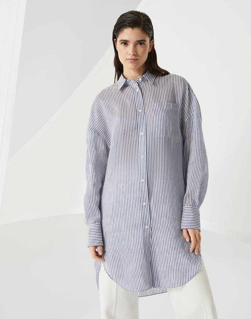 Striped linen and silk organza long shirt with shiny collar detail - 1