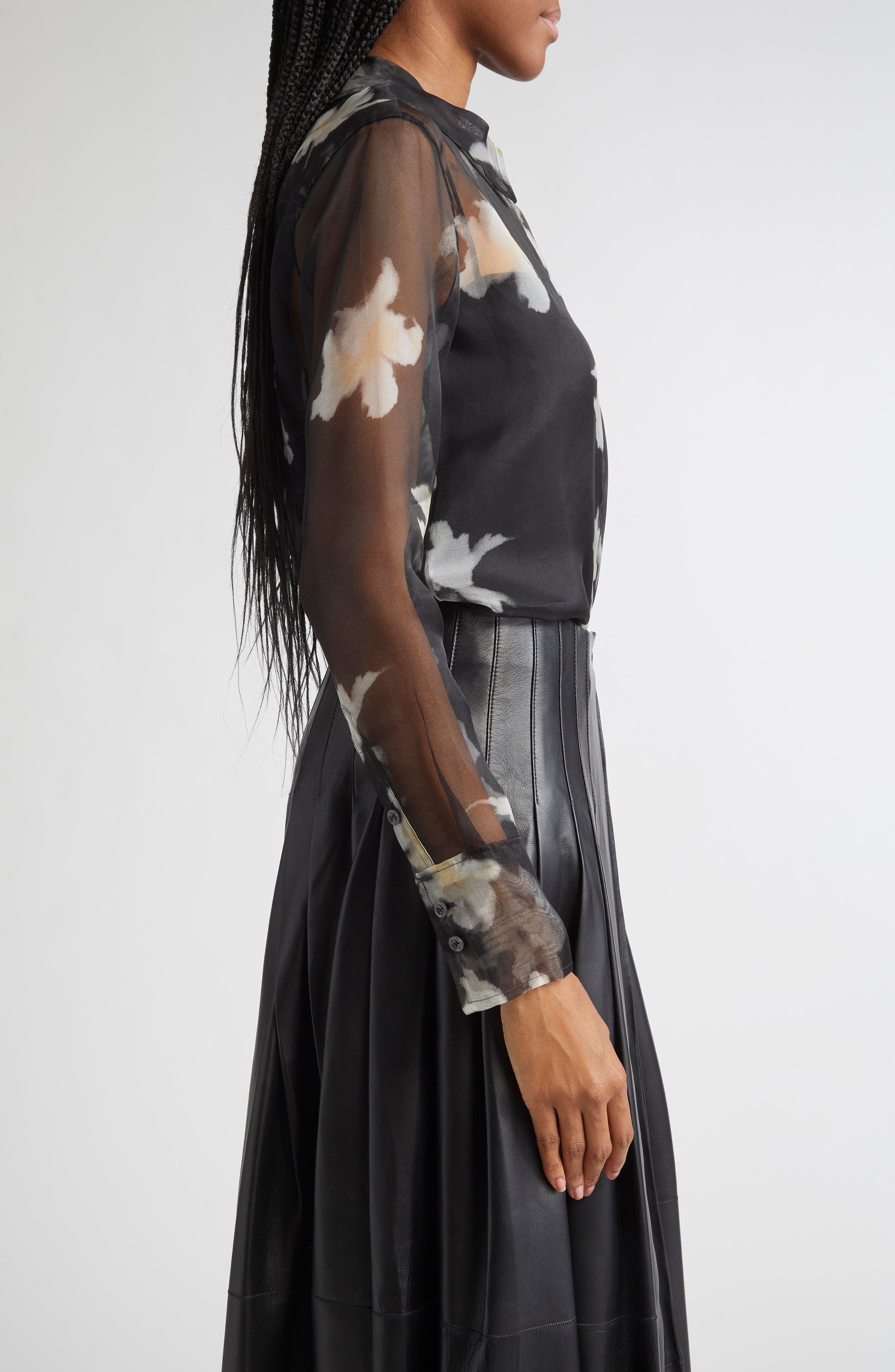 Altuzarra Chika Floral Print Sheer Silk Organza Button-Up Shirt in Black Inky Flowers at Nordstrom - 4