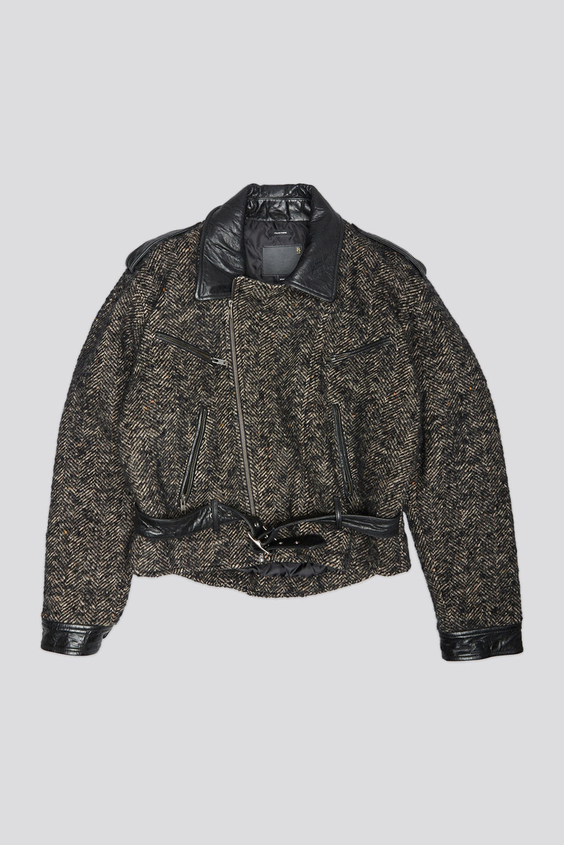 EXAGGERATED SHOULDER MOTORCYCLE JACKET WITH CUFFS - BLACK HERRINGBONE - R13 - 1