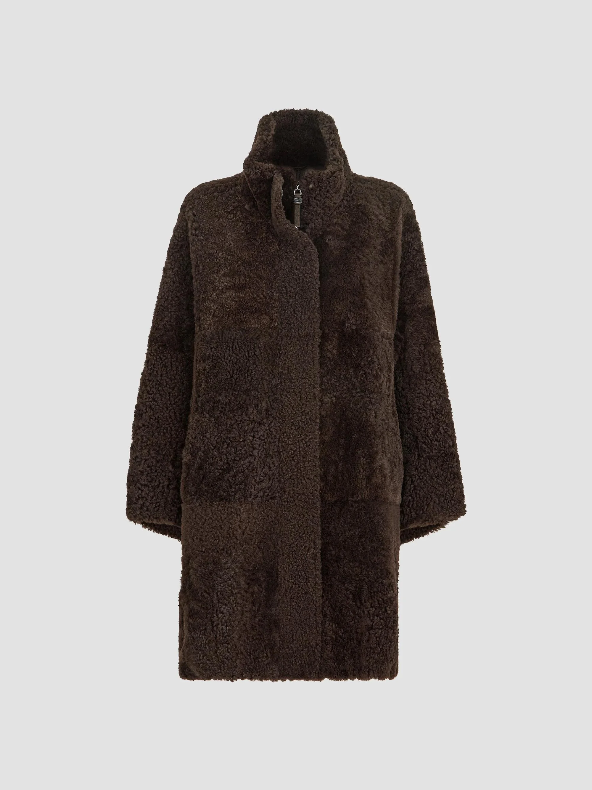 Women's Fuzzy Shearling Coat With Shiny Zipper Pull - Brown - 1