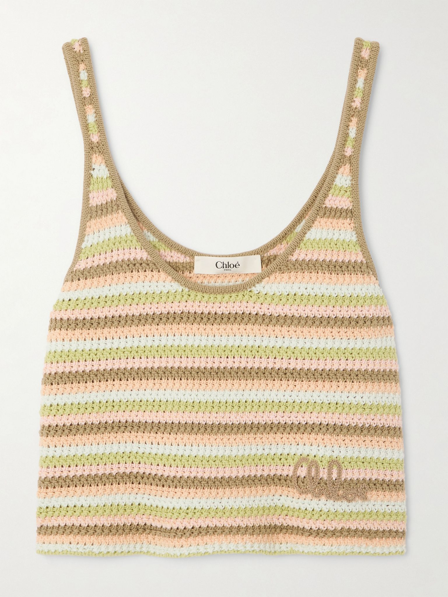 Cropped embroidered striped crocheted cotton tank Neutral - 1