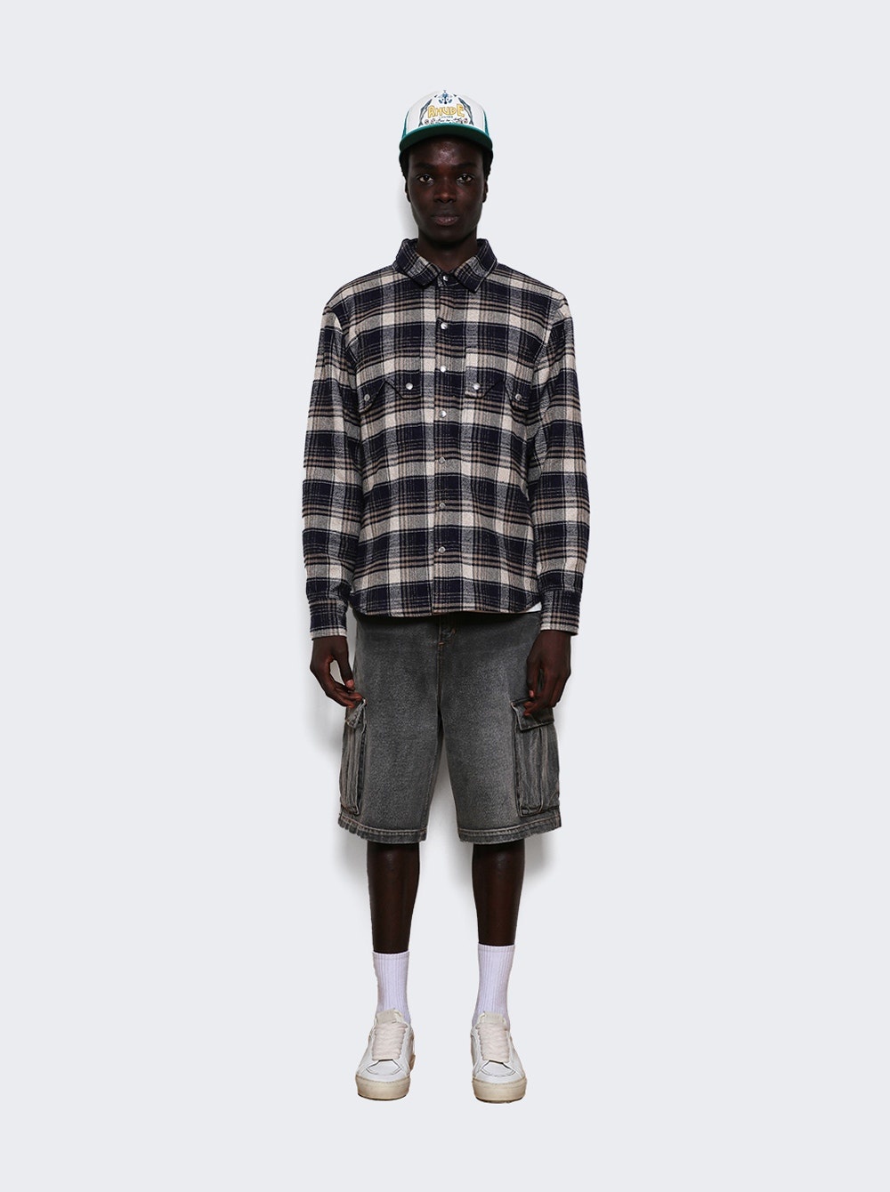 Flannel Long Sleeves Overshirt Dark Navy And Beige - 5