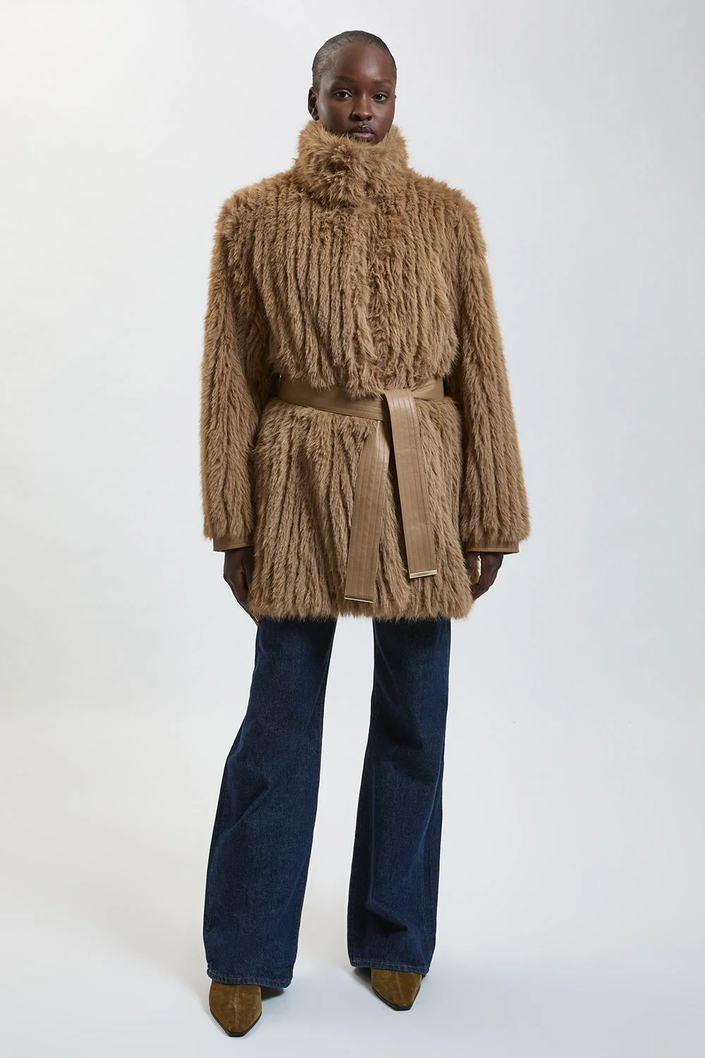 Textured Faux Fur Belted Collar Short Coat - 1
