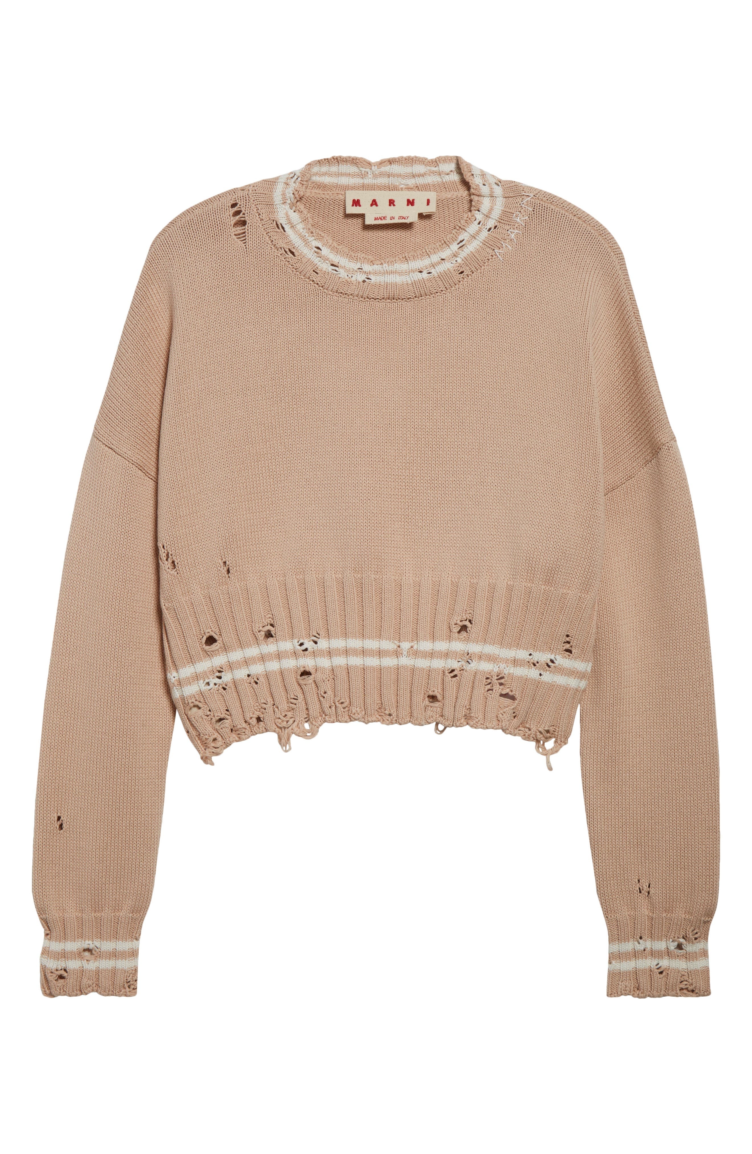 Marni Mending Logo Distressed Cotton Crewneck Sweater in 00W35 Sand Storm at Nordstrom - 6