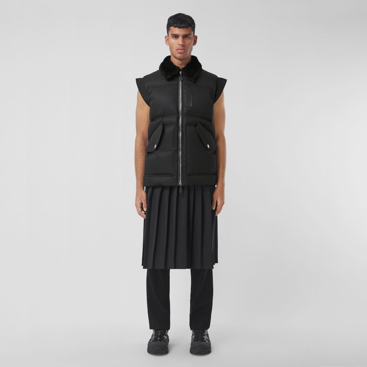 Detachable Shearling Collar Cotton Gabardine Gilet - 5