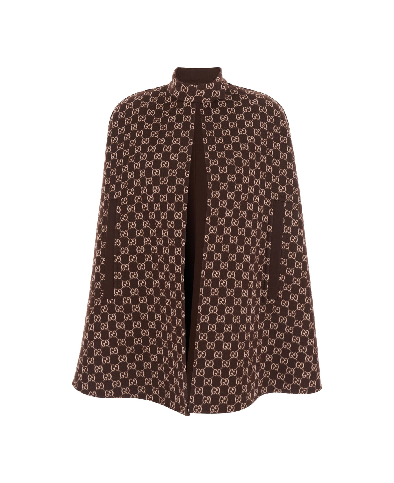 Brown Cape With Iconic Clamp And Gg All-over Motif Interior In Wool Woman - 4
