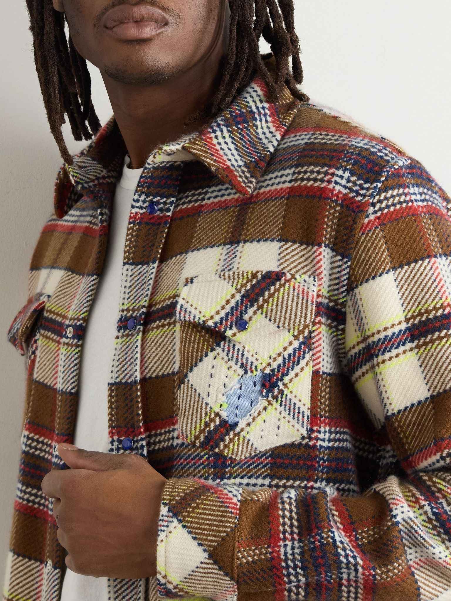 Distressed Checked Cashmere Shirt Brown - 5