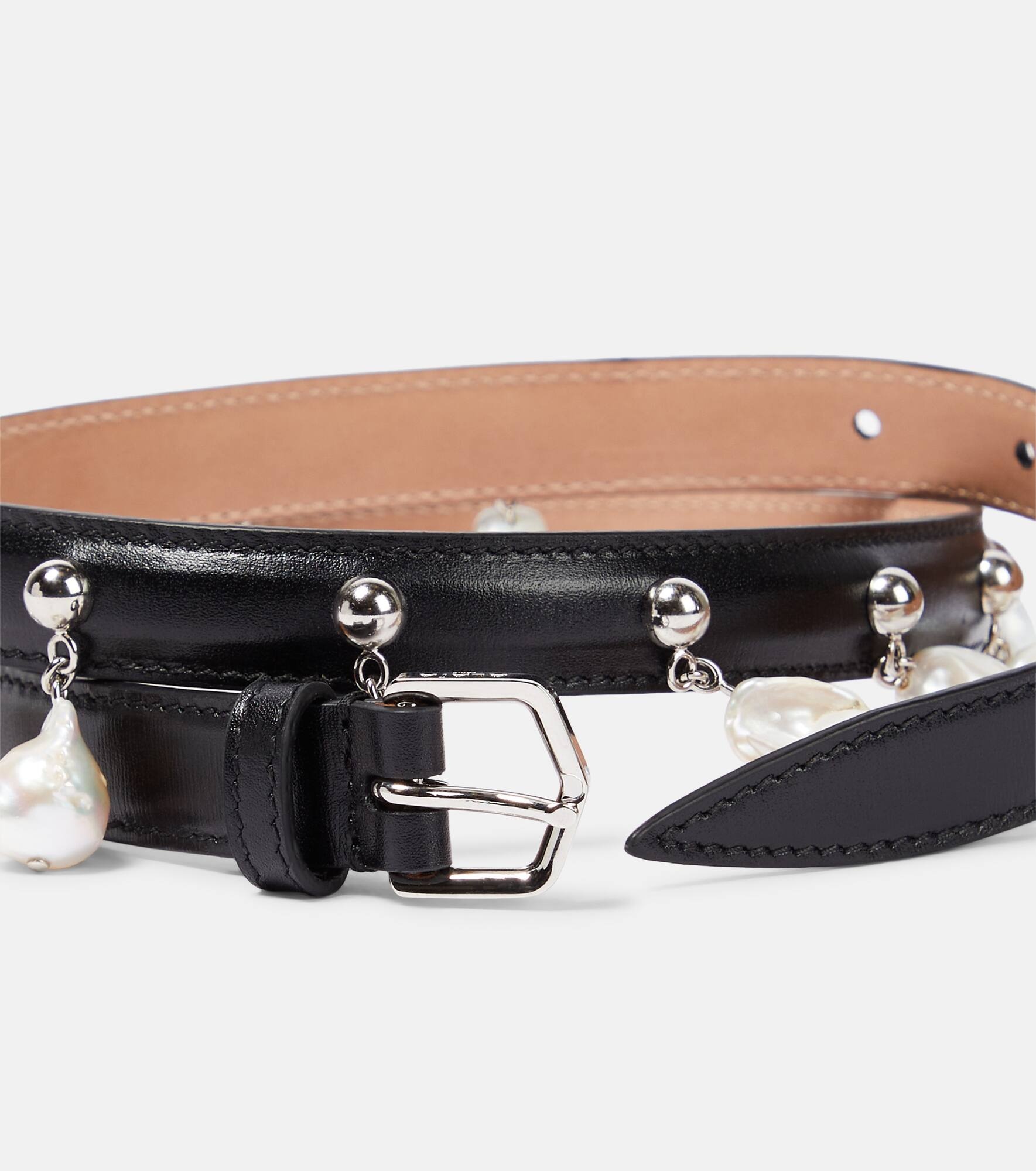 Faux pearl-embellished leather belt - 3
