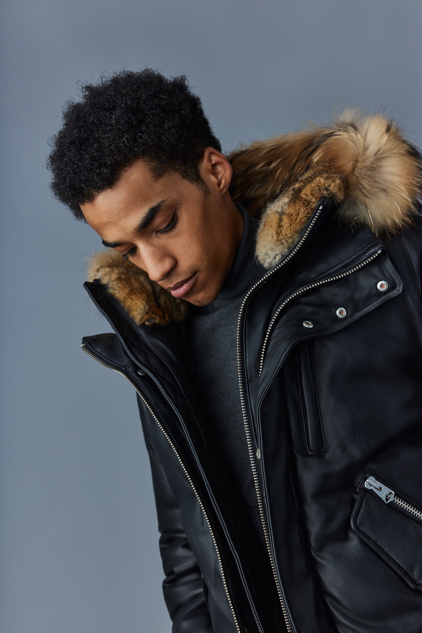 GLEN 2-in-1 (r) Leather bomber jacket with hooded bib & natural fur - 5