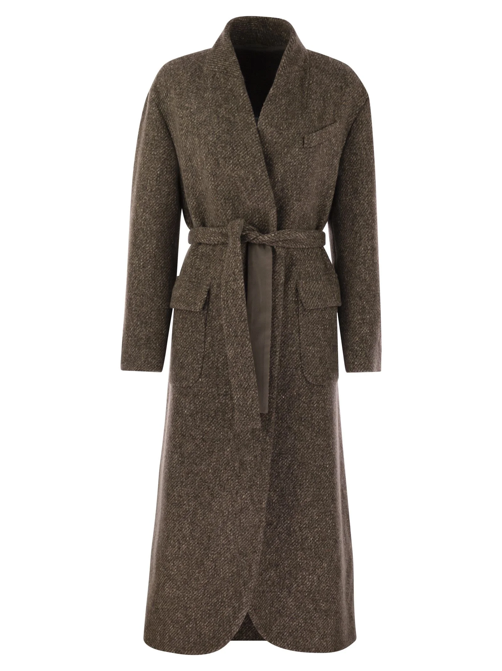 Brunello Cucinelli Women Wool And Cashmere Diagonal Mélange Coat With Belt And Necklace - 1