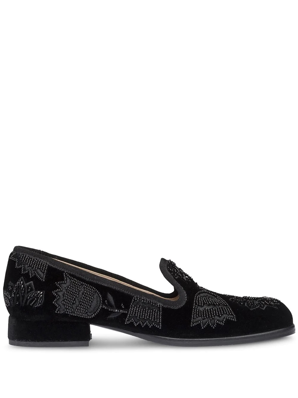 beaded velvet square-toe slippers - 1