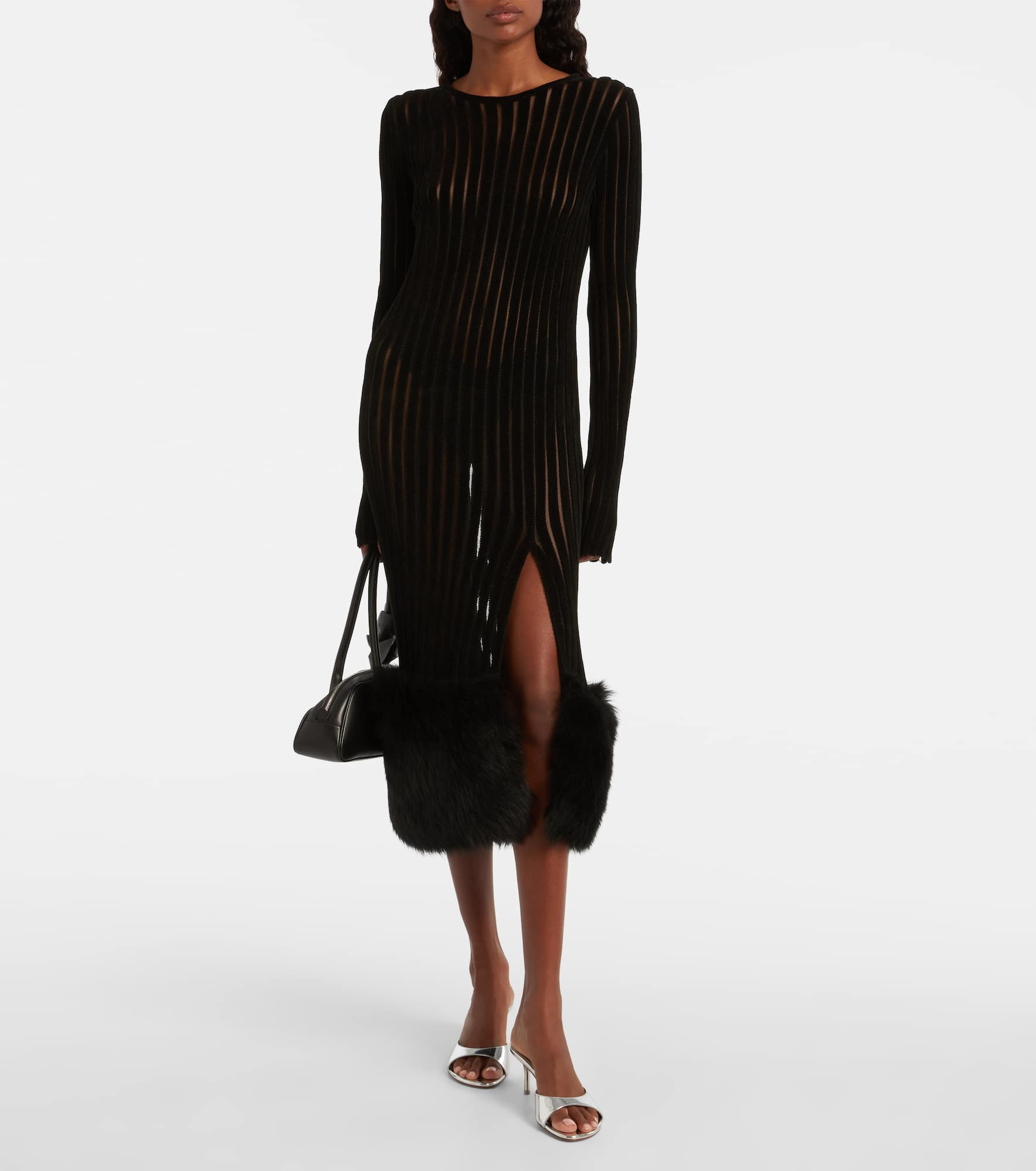 Knit faux fur-trimmed midi dress - 2