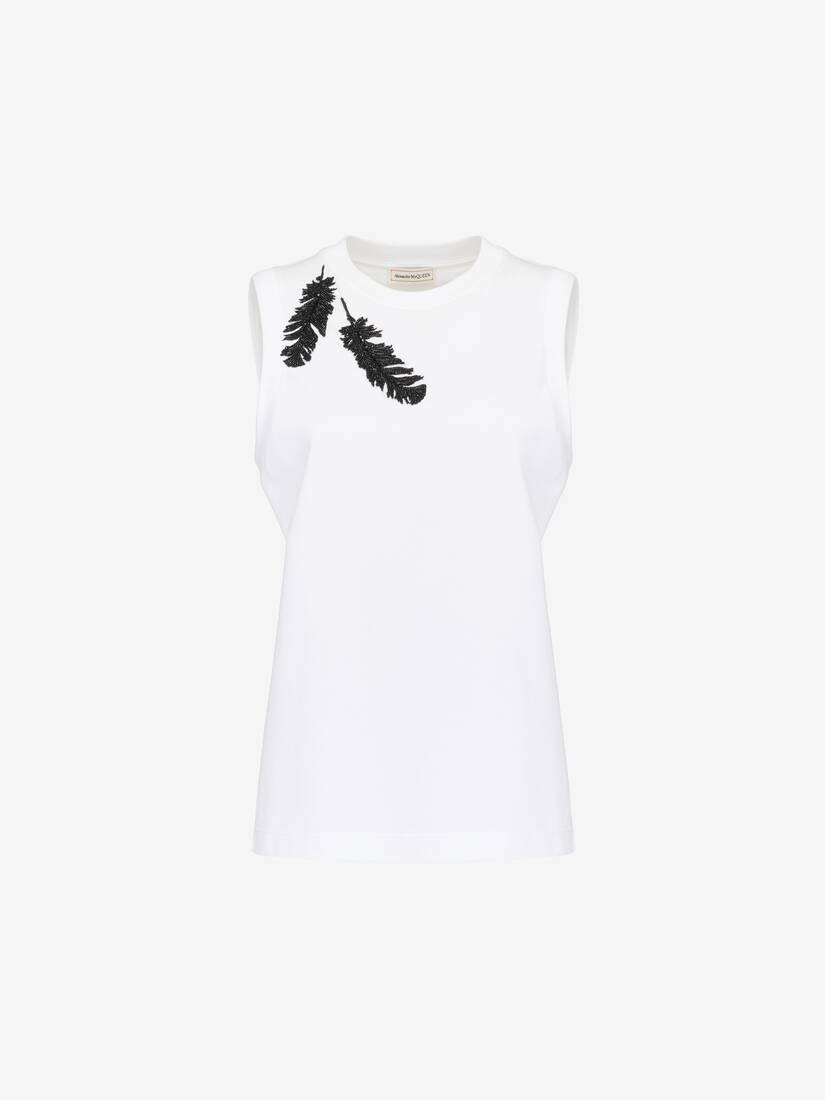 Women's Feather Embroidery Tank Top in Optical White - 2