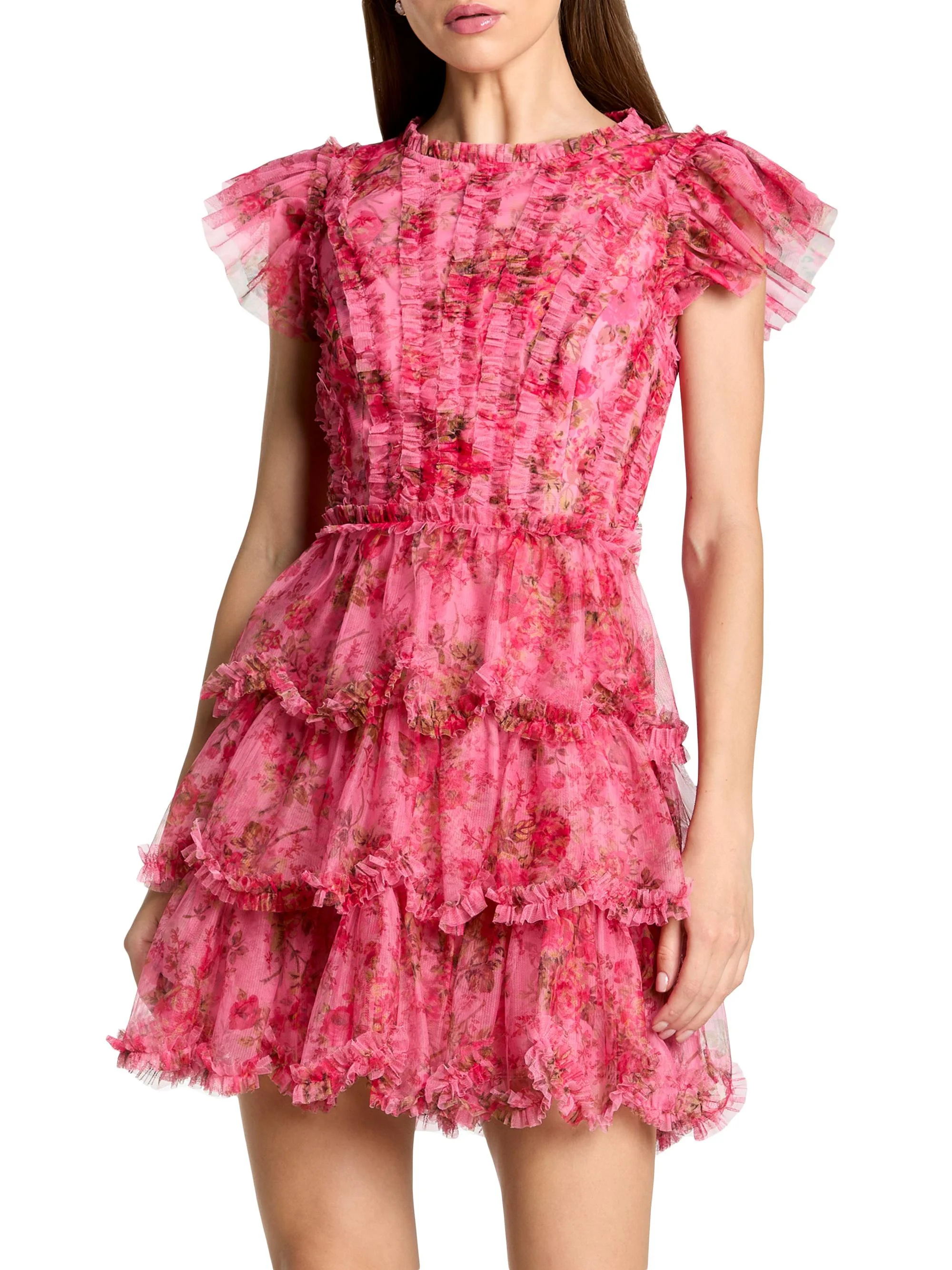 Women's Floral-Mesh Ruffle Minidress - Pink Multi - 1