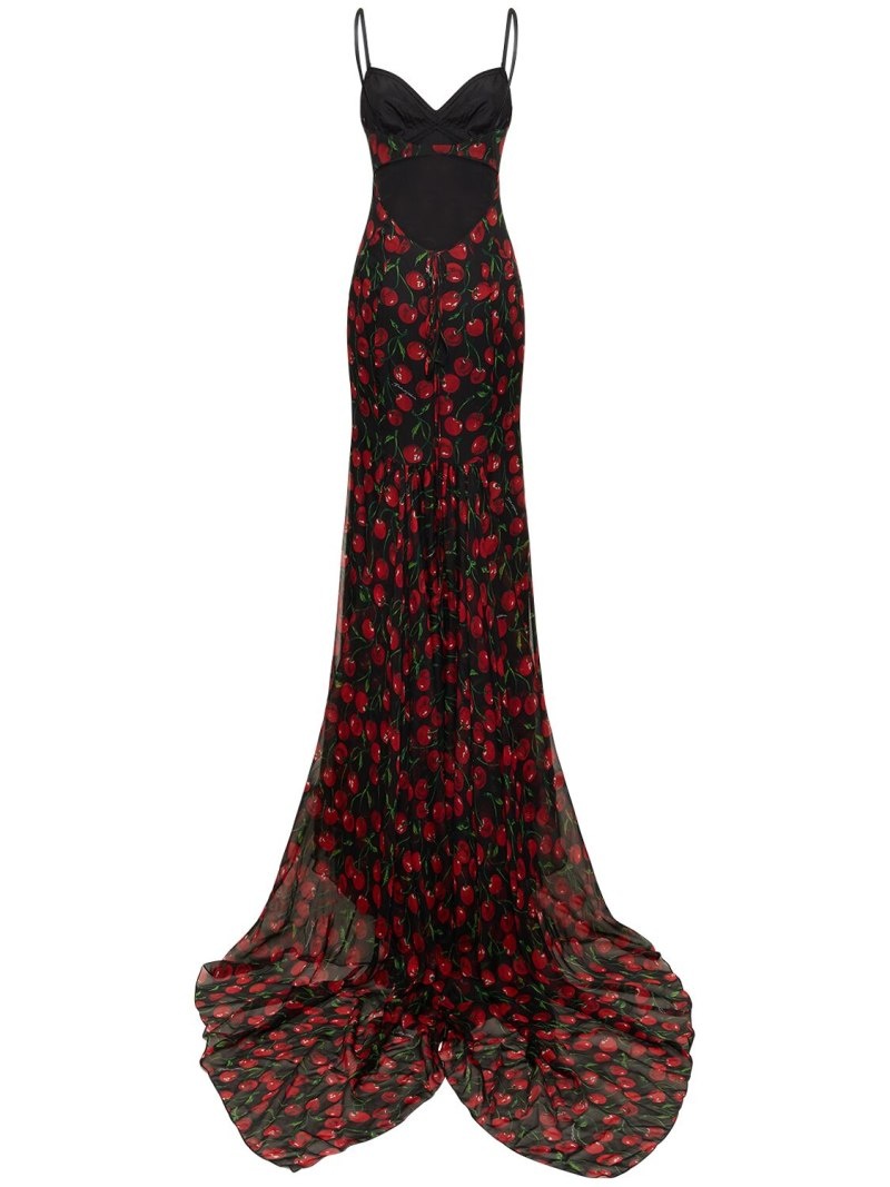 Cherry printed silk chiffon gown - 5