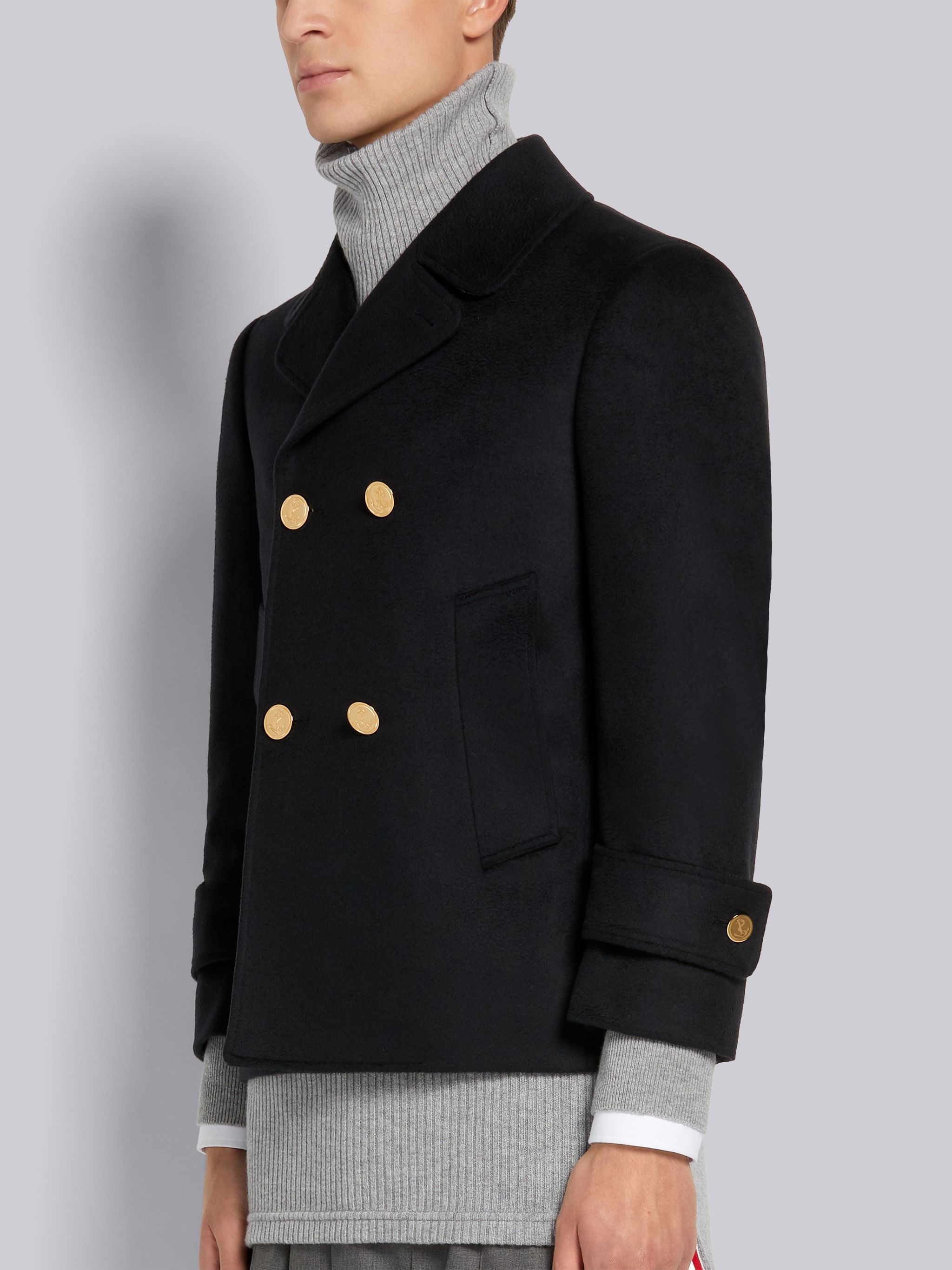 Navy Zibeline Finish Coat Weight Cashmere Round Collar High Break Pea Coat - 2