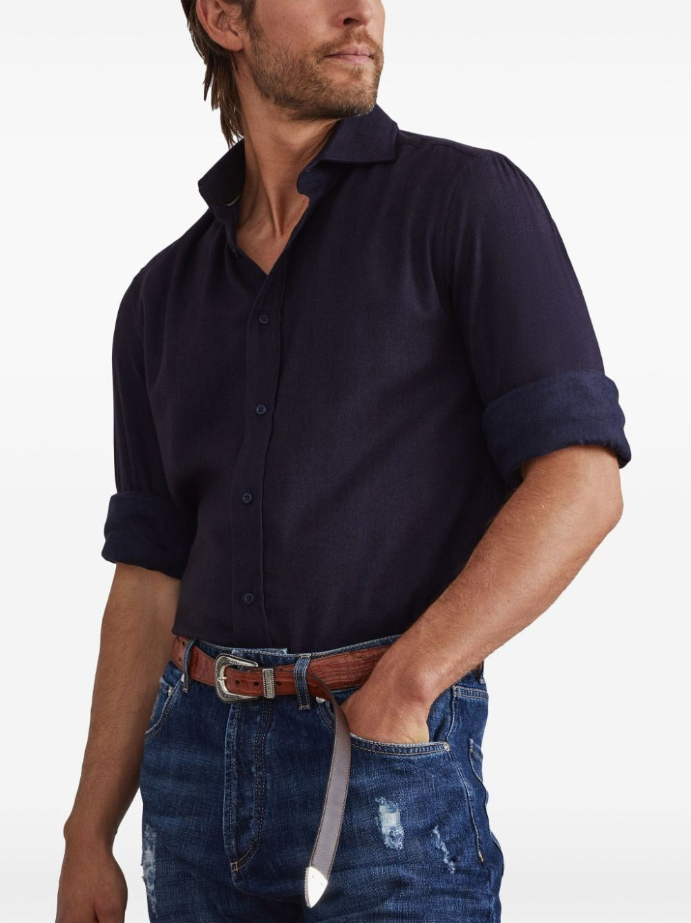 Brunello Cucinelli Men Flannel Slim Fit Shirt With Spread Collar - 2