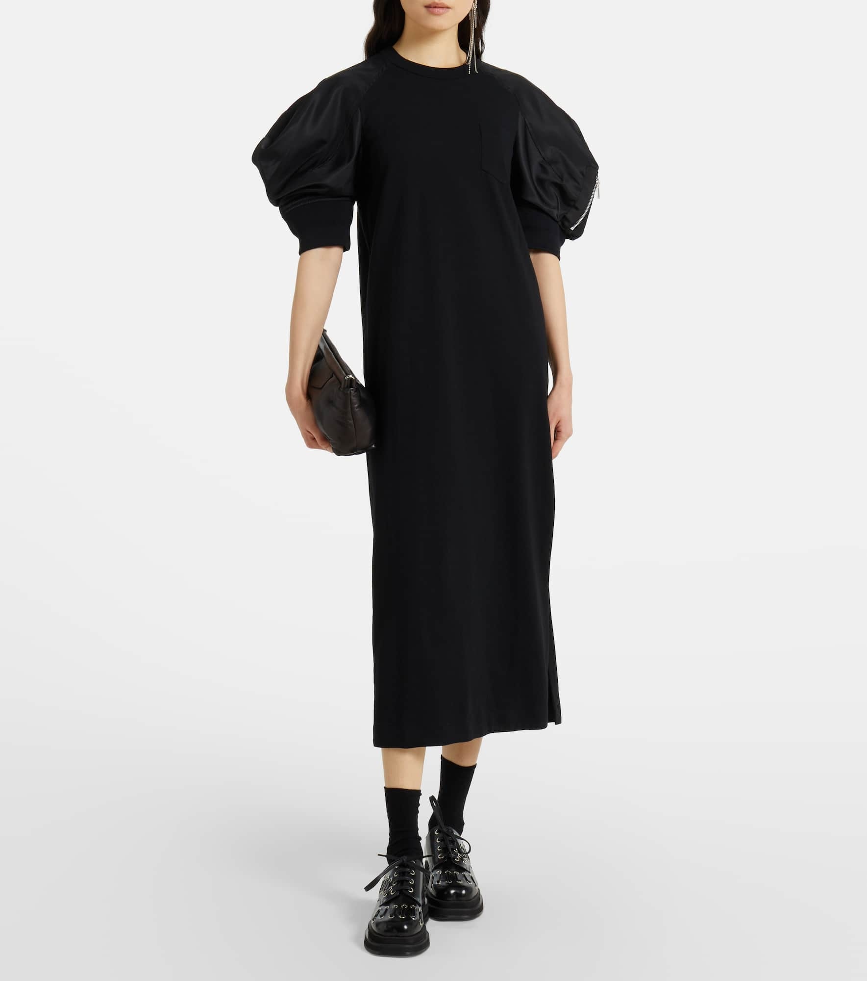 Puff-sleeve cotton-blend jersey midi dress - 2
