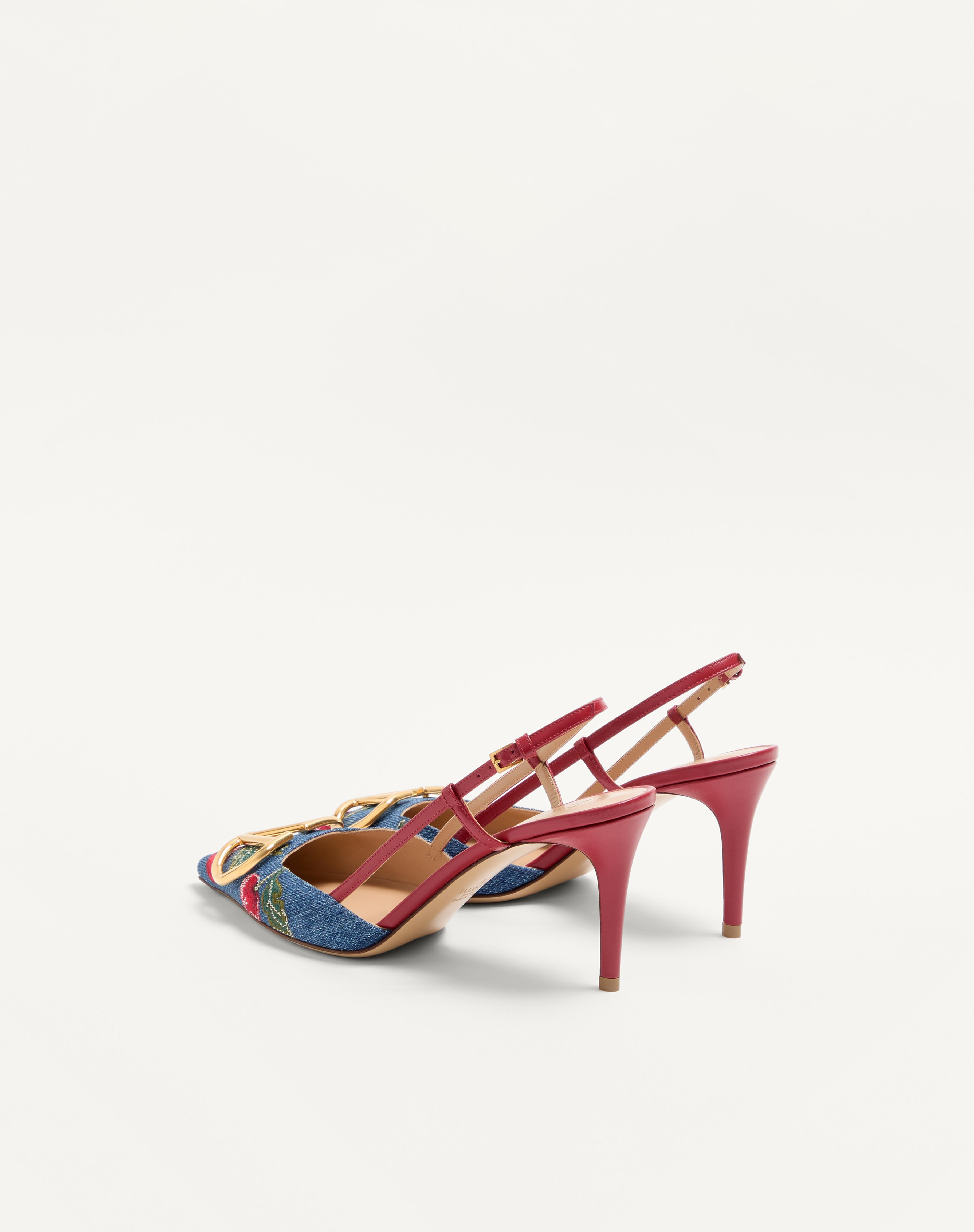 VLOGO SIGNATURE SLINGBACK PUMPS IN DENIM WITH CHERRYFIC EMBROIDERY 80MM - 5