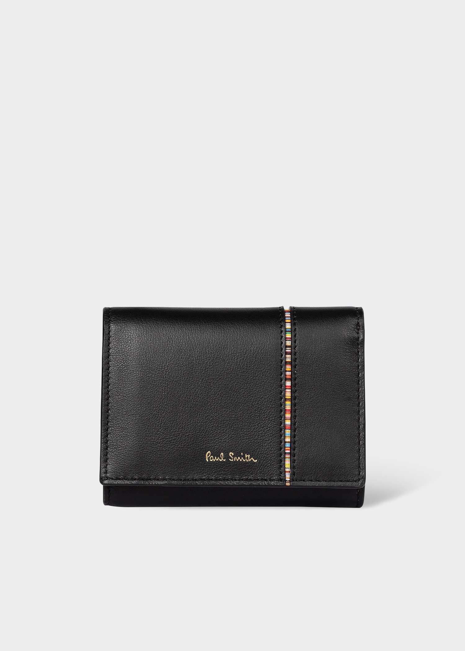 Black Mini Leather Tri-Fold Purse with 'Signature Stripe' Trim - 1
