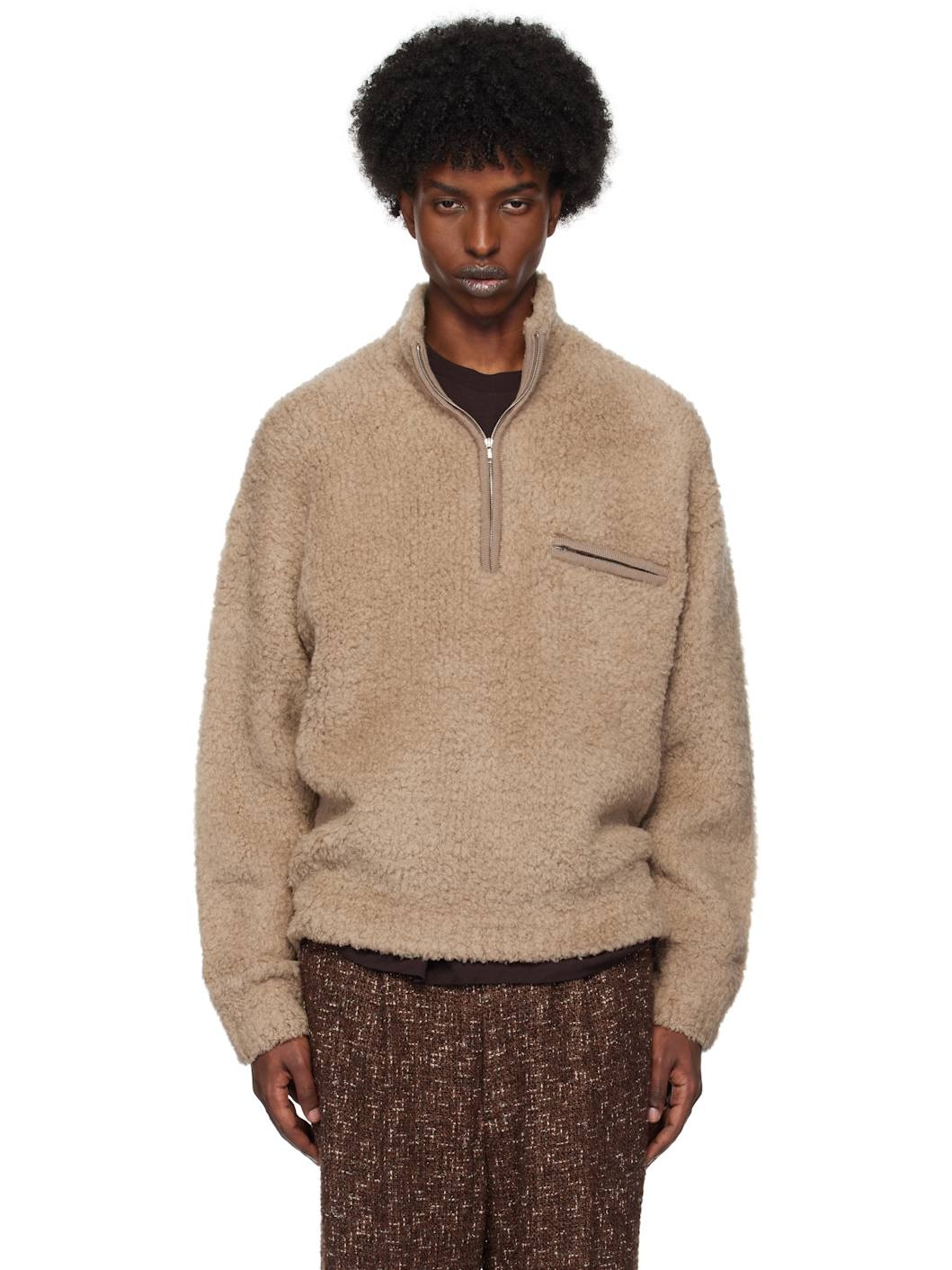 Beige Merino Wool Boa Knit Half Zip Sweater - 1