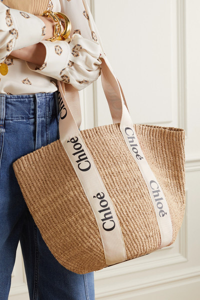 Chloé + NET SUSTAIN Woody large printed canvas and leather-trimmed raffia basket bag outlook