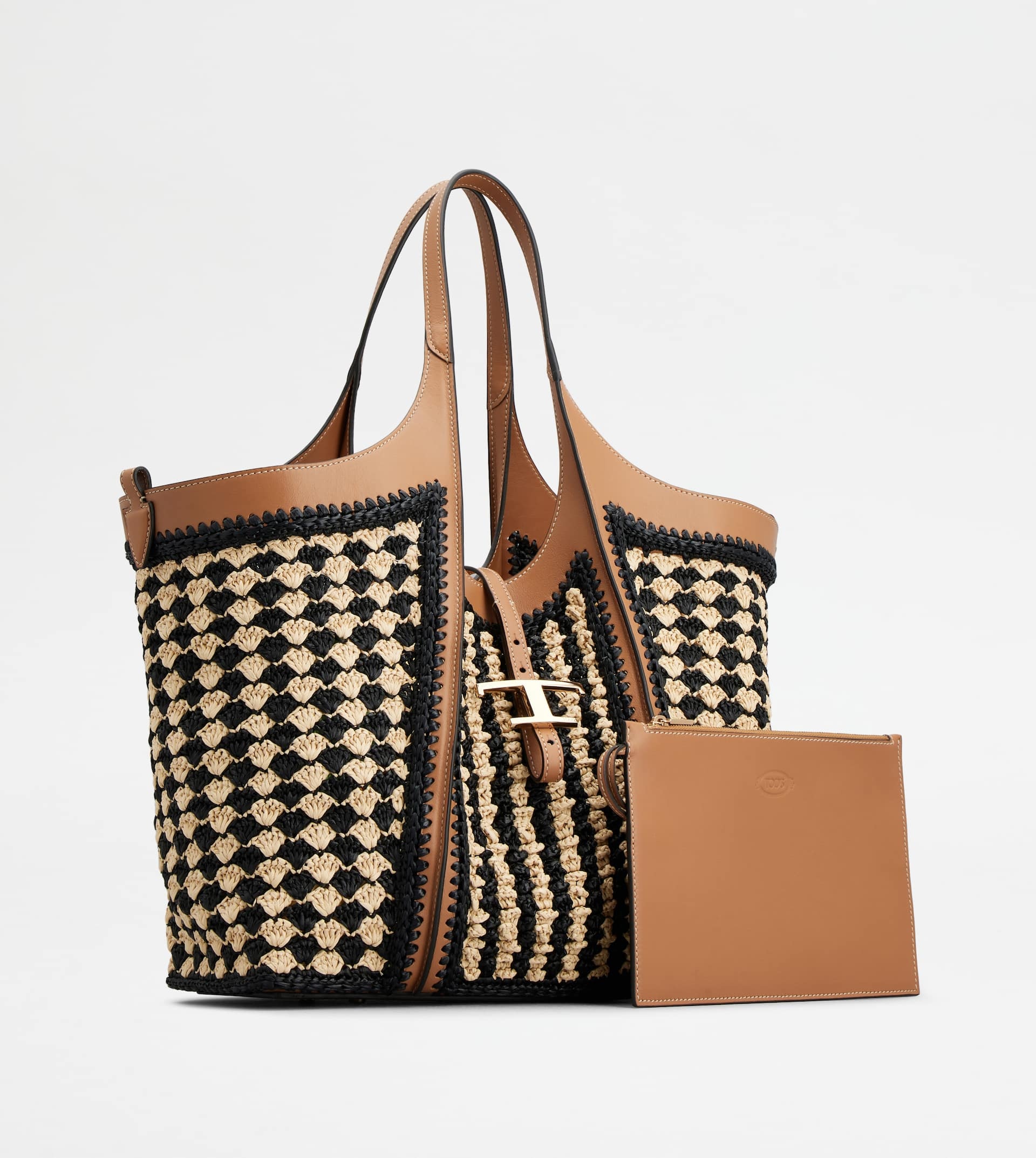 Tod's T TIMELESS SHOPPING BAG IN LEATHER AND RAFFIA MEDIUM - BEIGE ...